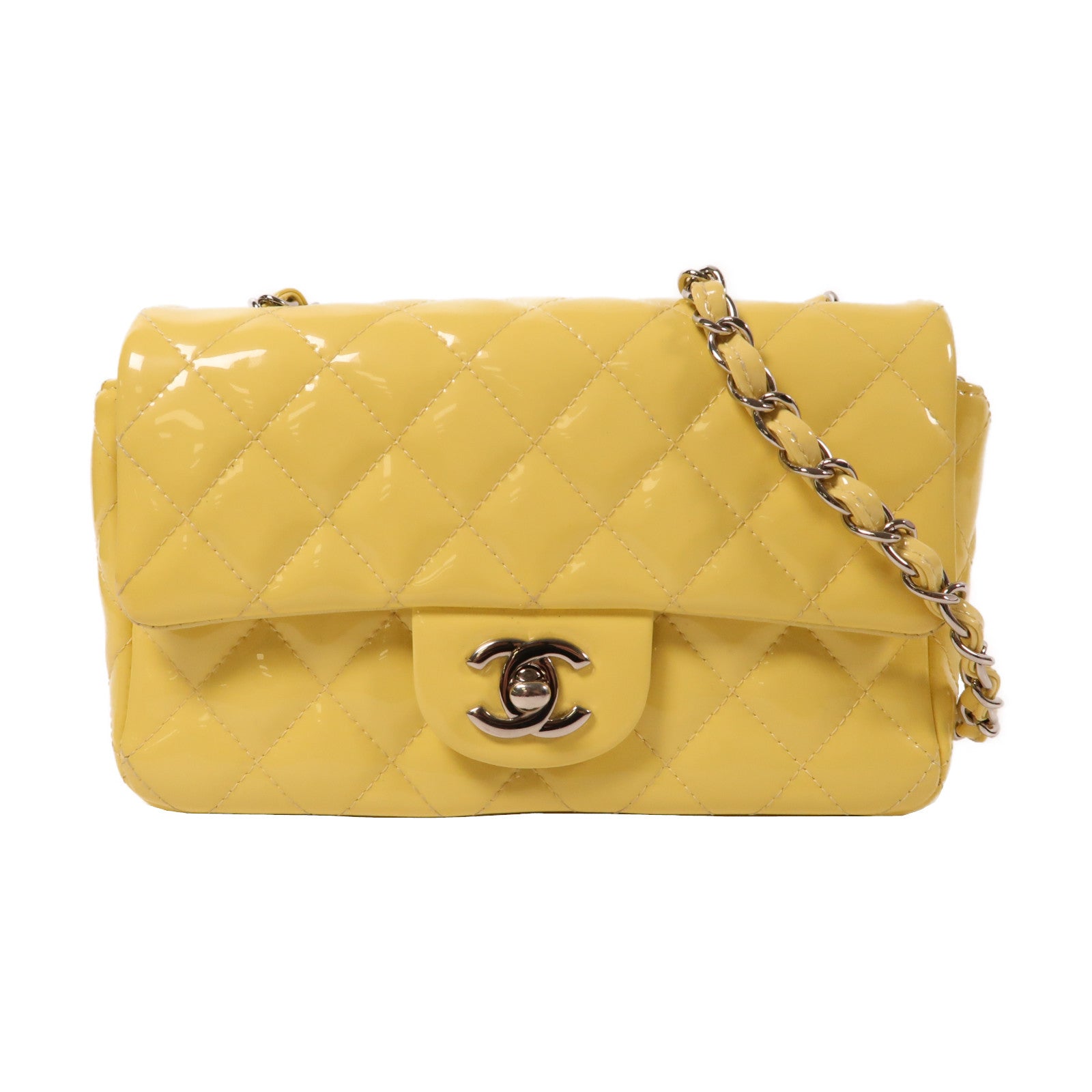 CHANEL 【激減優惠】菱格漆皮皮革Chain Shoulder銀扣鏈帶肩背袋黃色