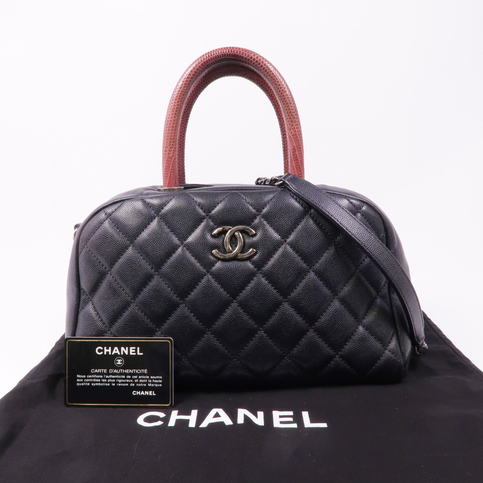 CHANEL 牛皮皮革/蜥蝪皮革Bowling鏈帶肩背袋