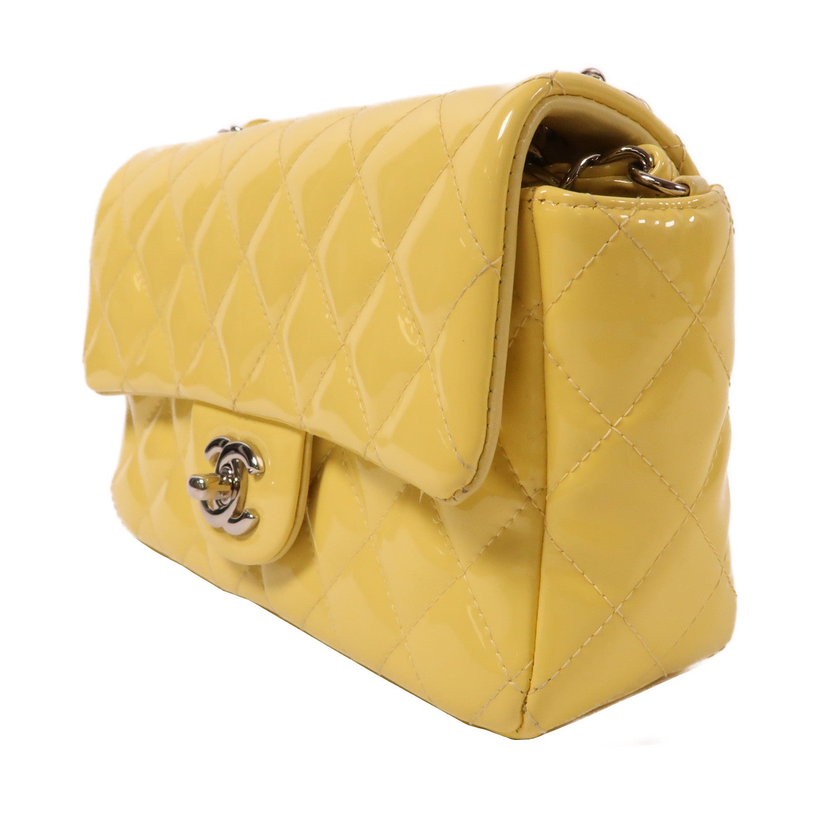 CHANEL 【激減優惠】菱格漆皮皮革Chain Shoulder銀扣鏈帶肩背袋黃色