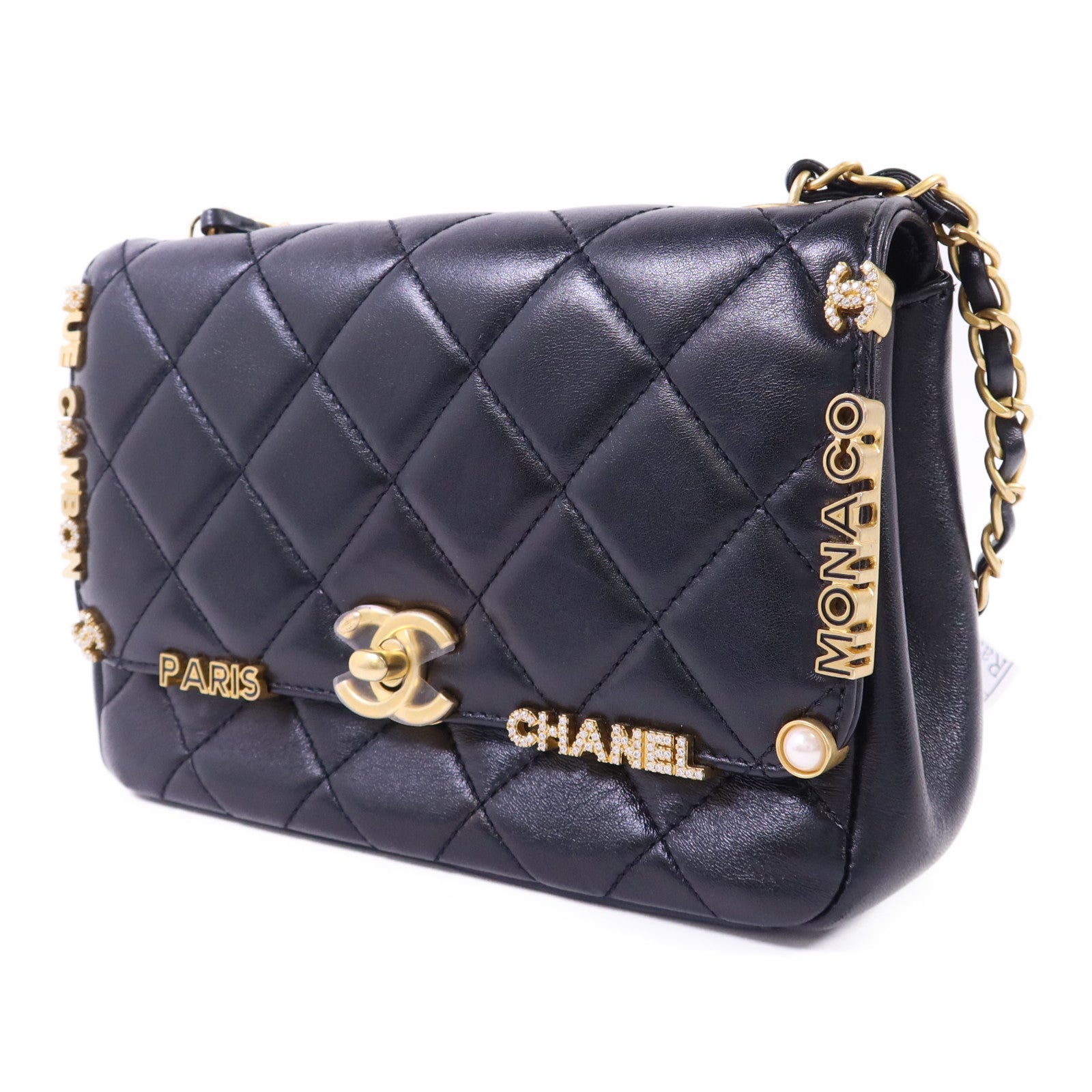 CHANEL 羊皮皮革Matelasse Mini Flap金扣鏈帶肩背袋