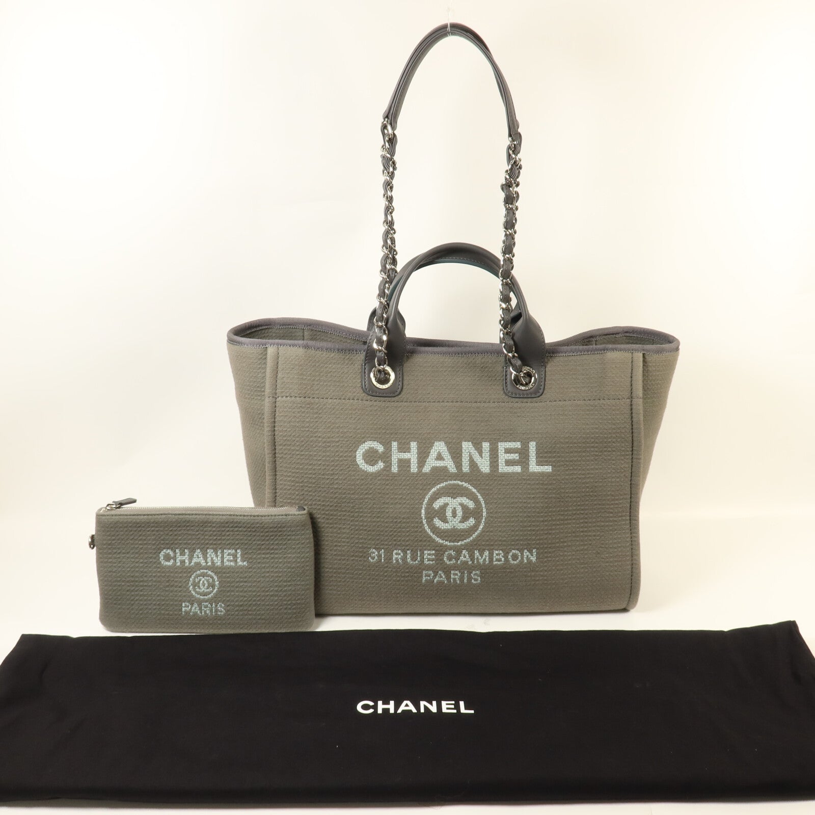 CHANEL 帆布Deauville Large Tote鏈帶手挽肩背兩用袋