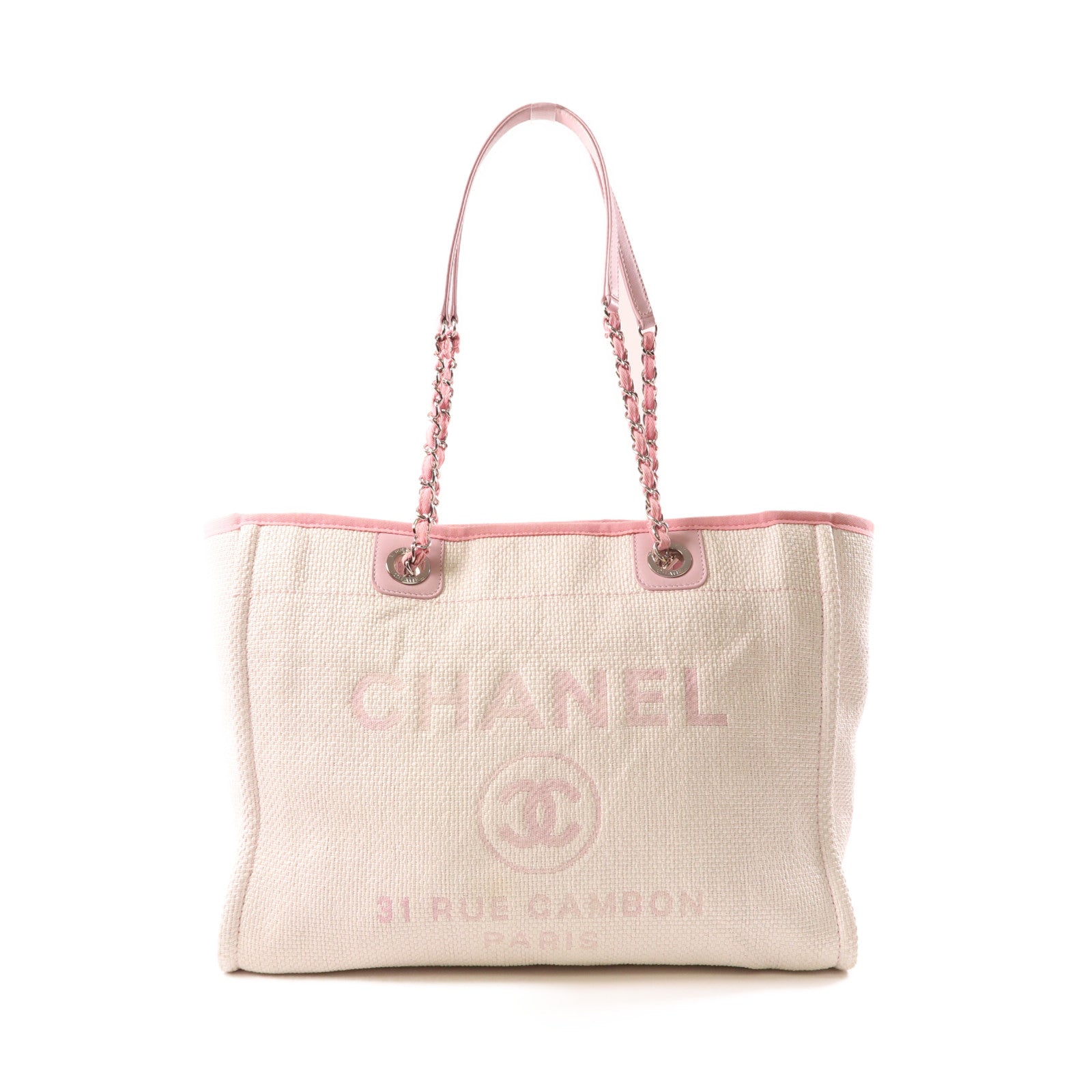 CHANEL Straw Deauville Tote Bag銀扣肩背袋白色/粉紅色