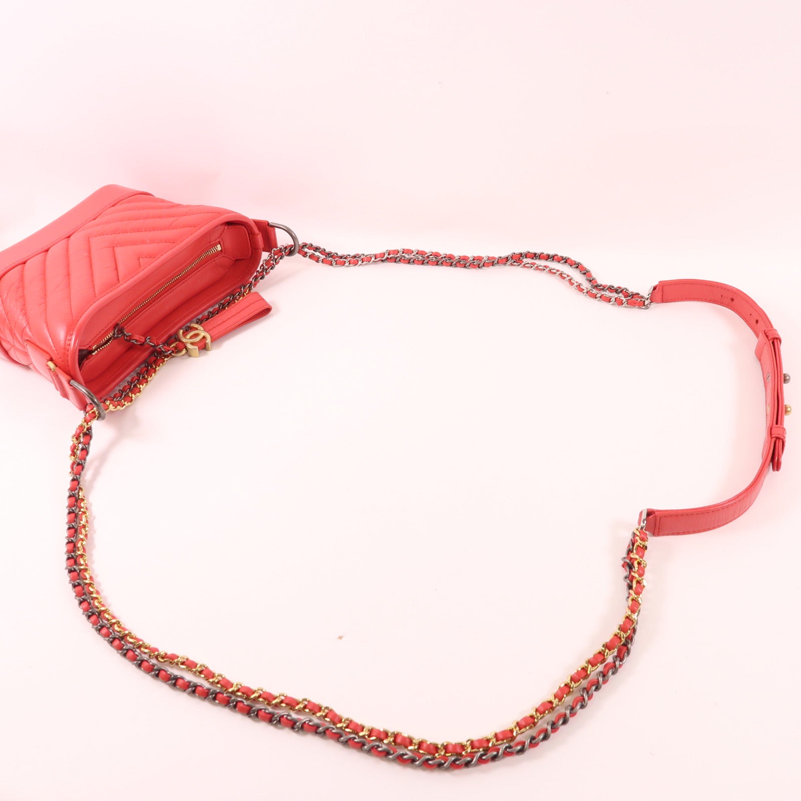 CHANEL CC Gabrielle Small Chain Shoulder Bag Calfskin Leather Red