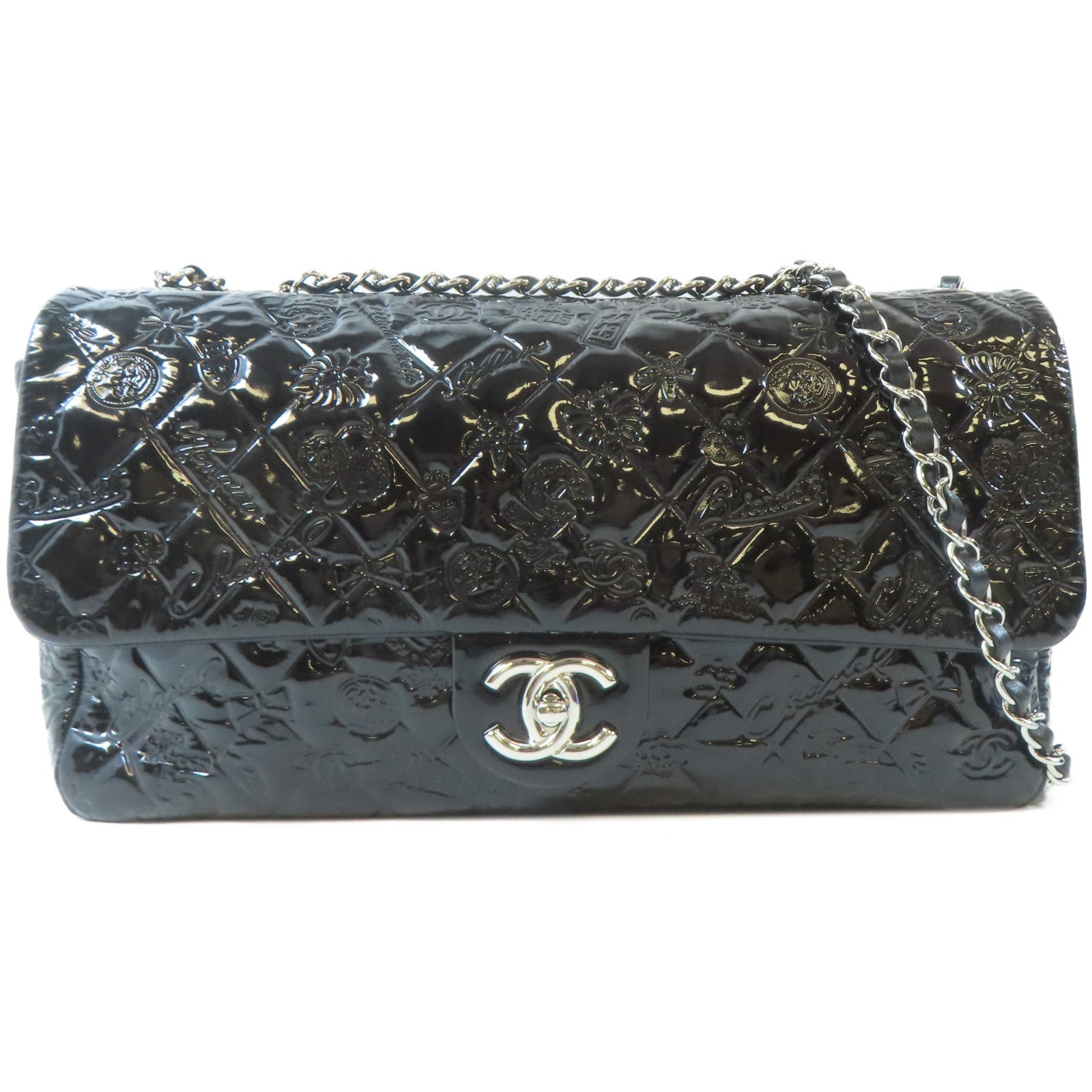 CHANEL 菱格漆皮皮革Chain Shoulder銀扣鏈帶肩背袋黑色