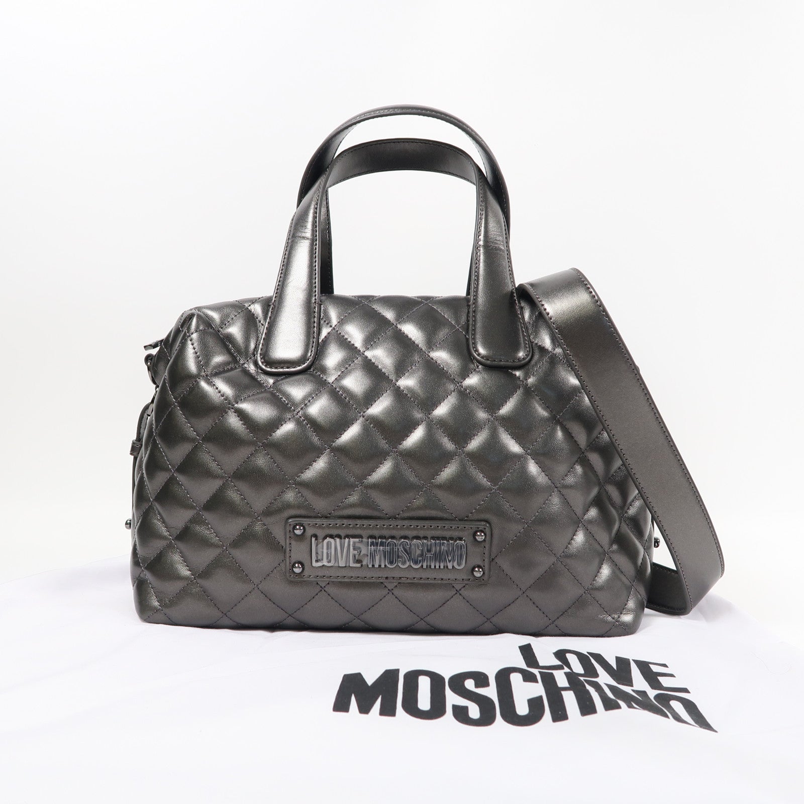 MOSCHINO 菱格塗層帆布2 Way Bag手挽肩背兩用袋灰色