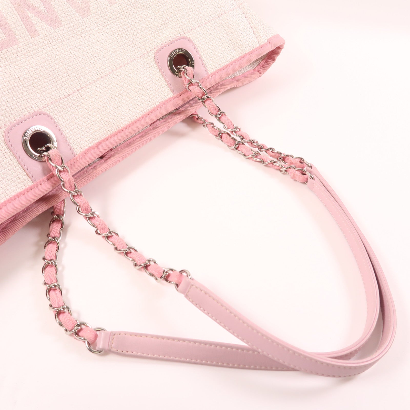 CHANEL Straw Deauville Tote Bag銀扣肩背袋白色/粉紅色