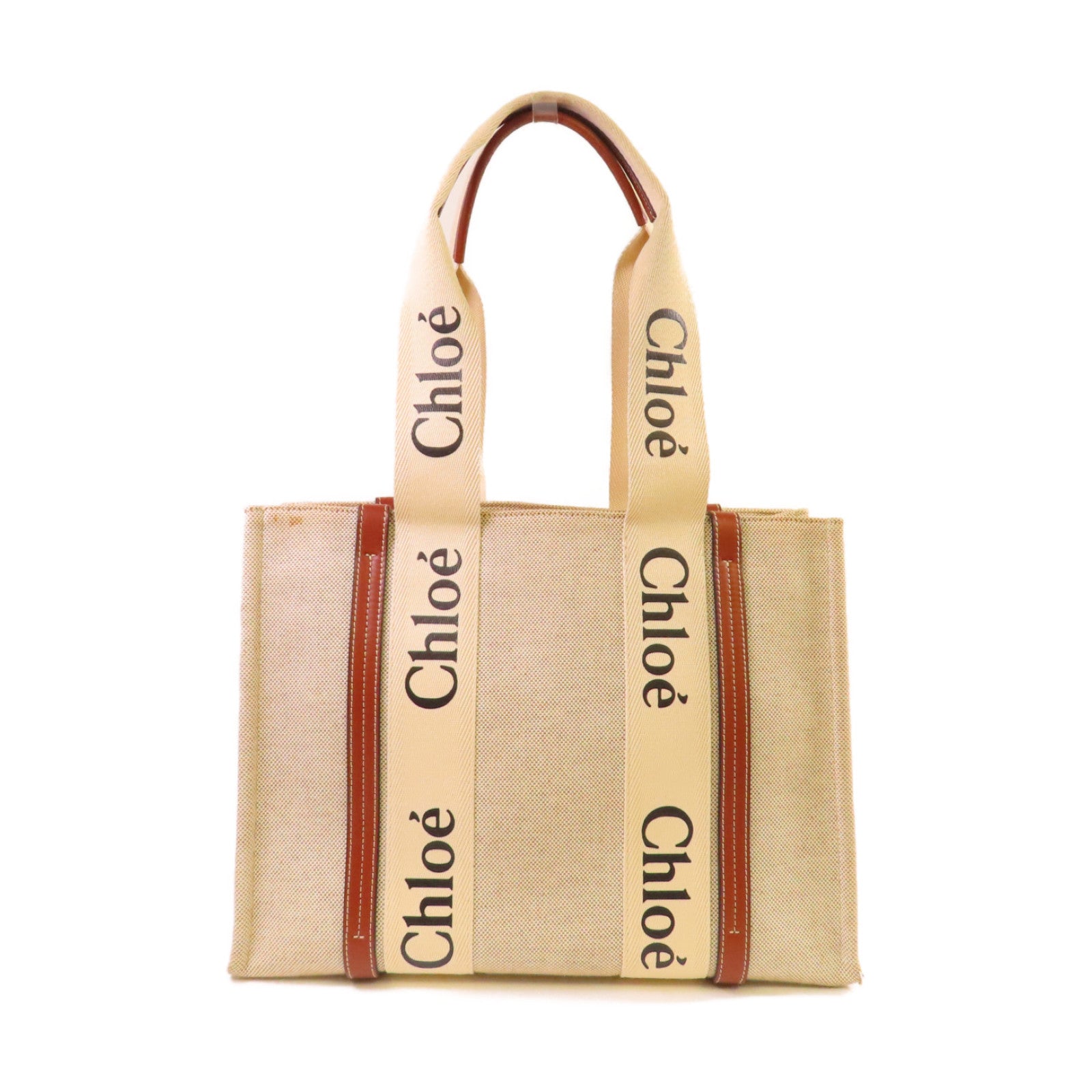 Chloe 帆布Woody Tote Medium Bag肩背袋杏色/啡色