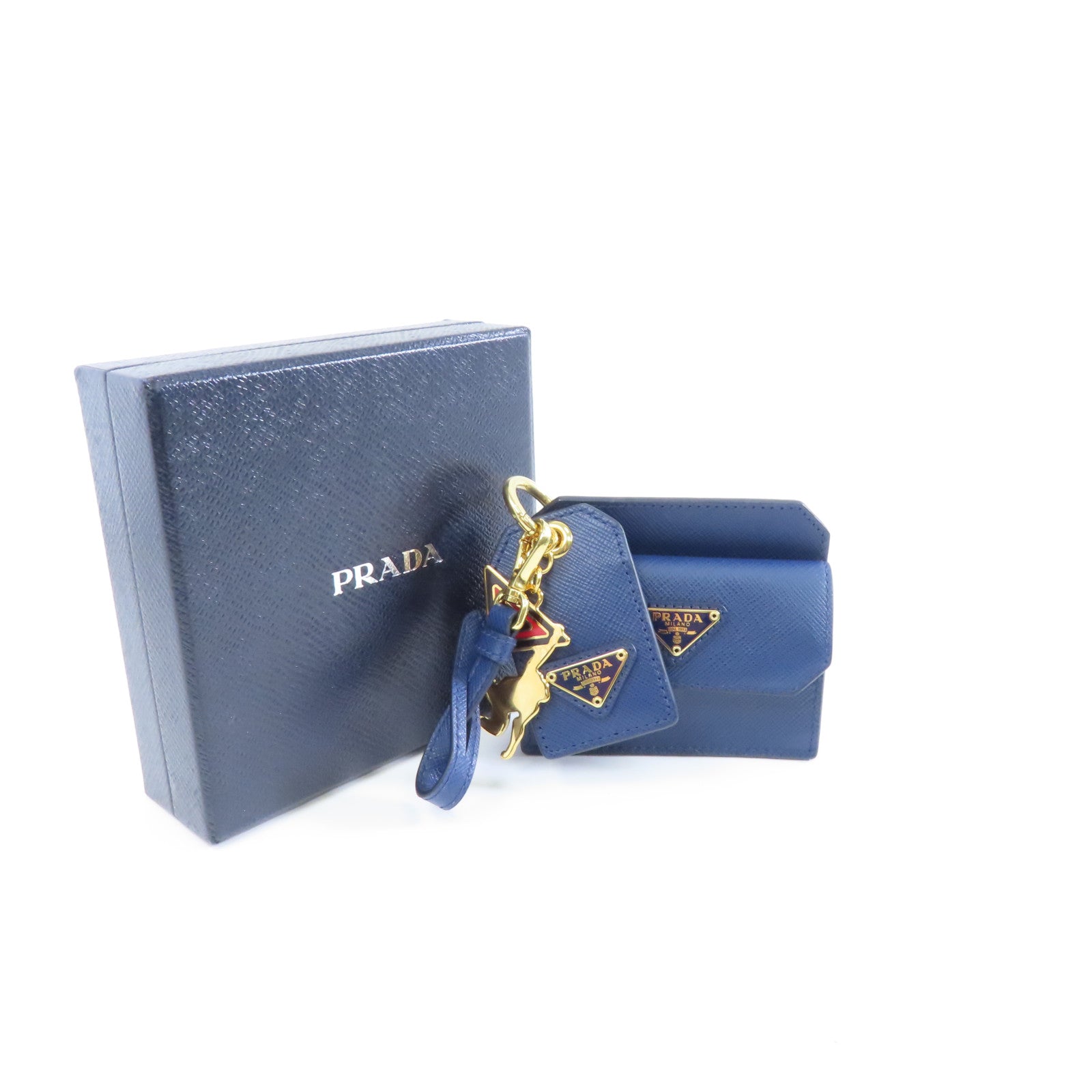 PRADA 【激減優惠】Saffiano皮革Card Case金扣卡片套藍色