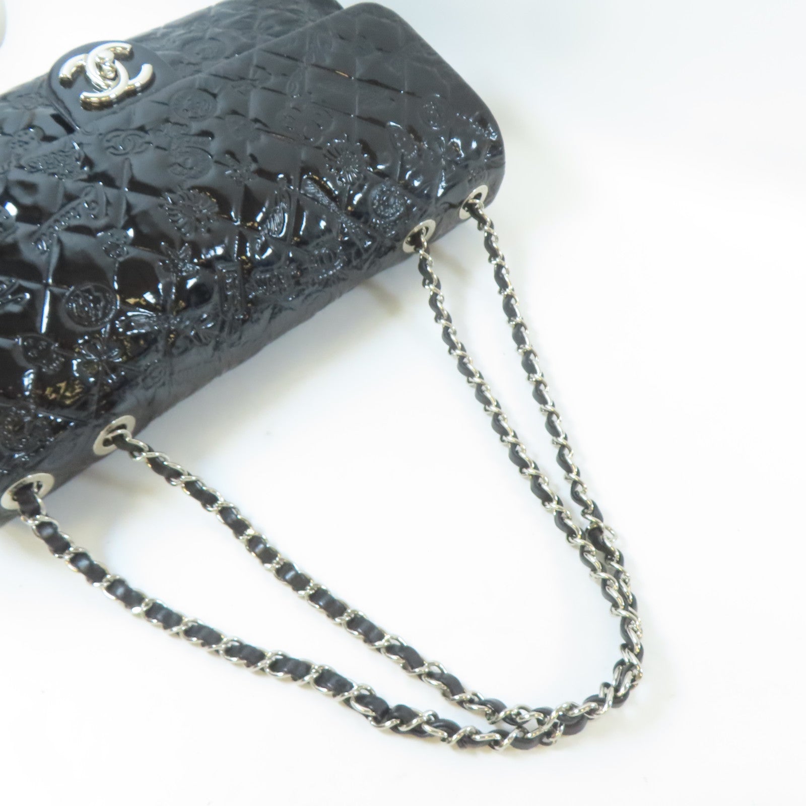 CHANEL 菱格漆皮皮革Chain Shoulder銀扣鏈帶肩背袋黑色
