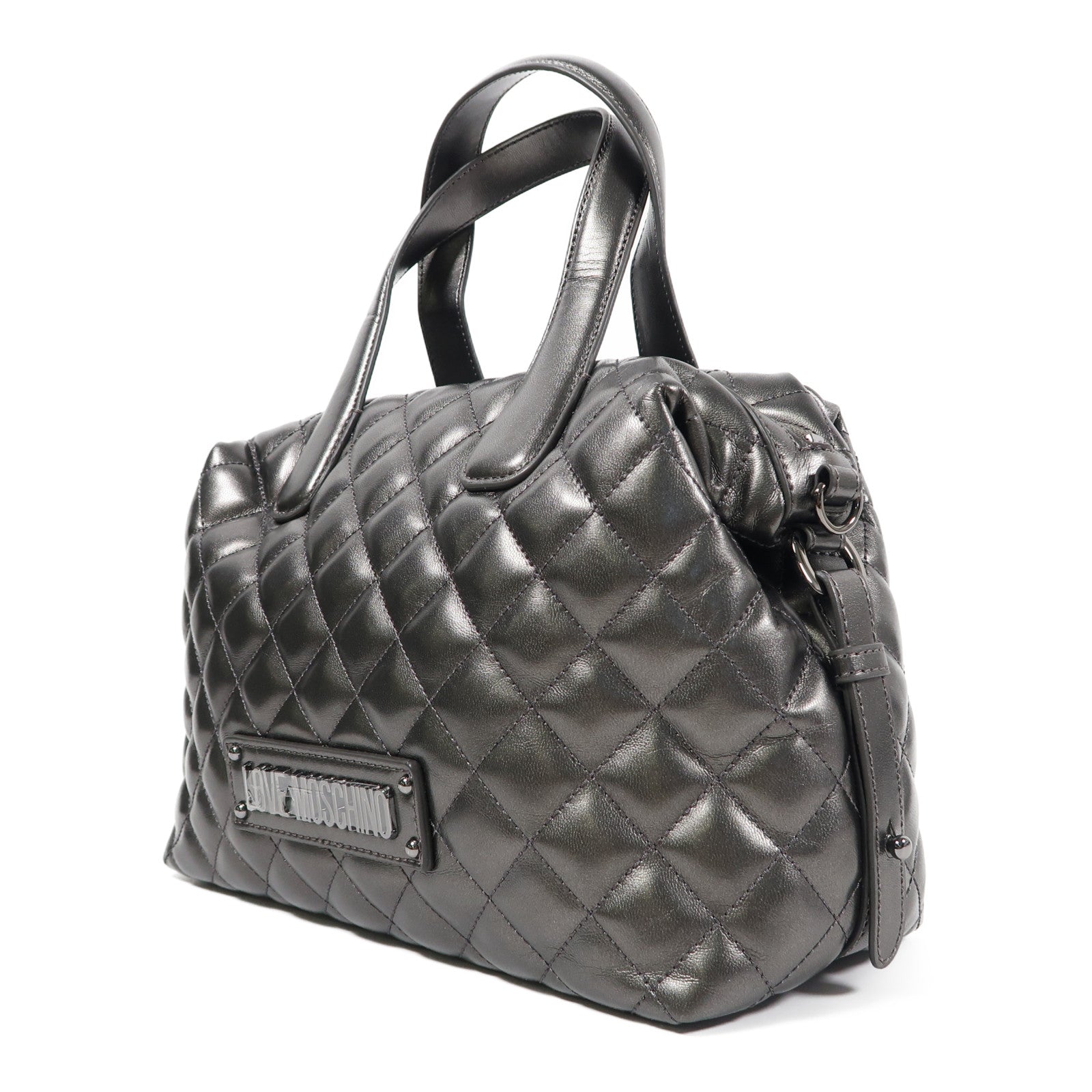 MOSCHINO 菱格塗層帆布2 Way Bag手挽肩背兩用袋灰色