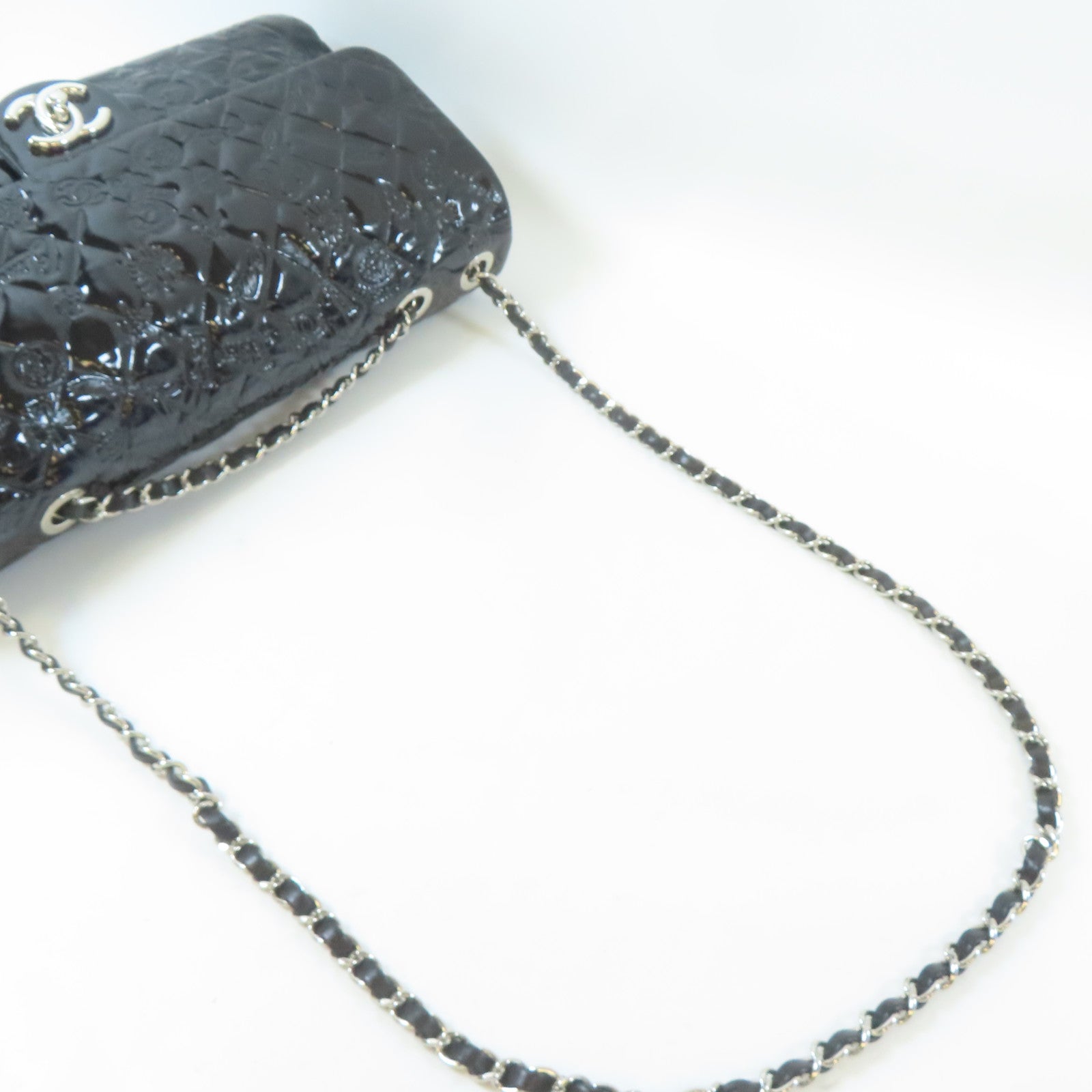 CHANEL 菱格漆皮皮革Chain Shoulder銀扣鏈帶肩背袋黑色