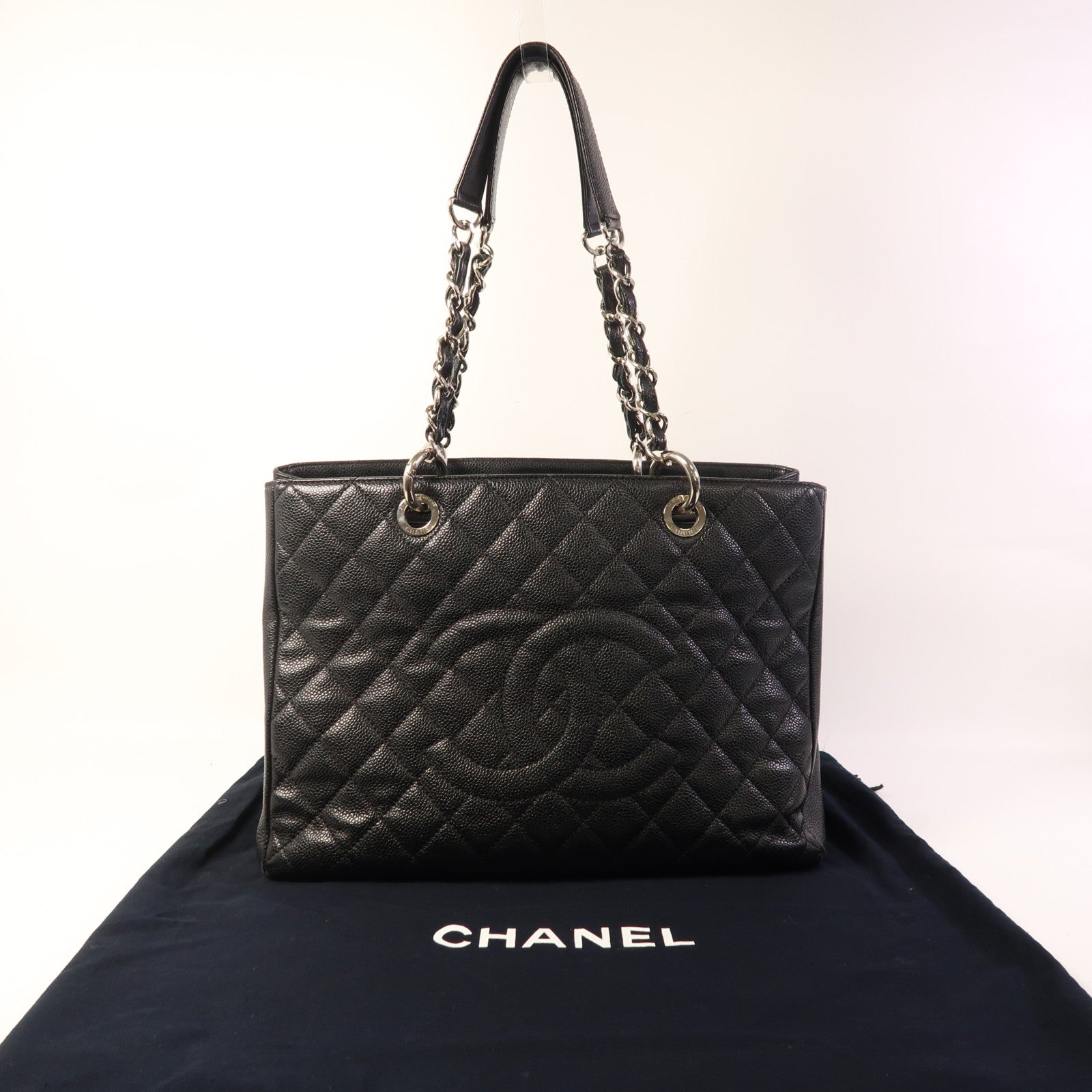 CHANEL 牛皮皮革GST Grand Shopping Tote Bag銀扣鏈帶肩背袋