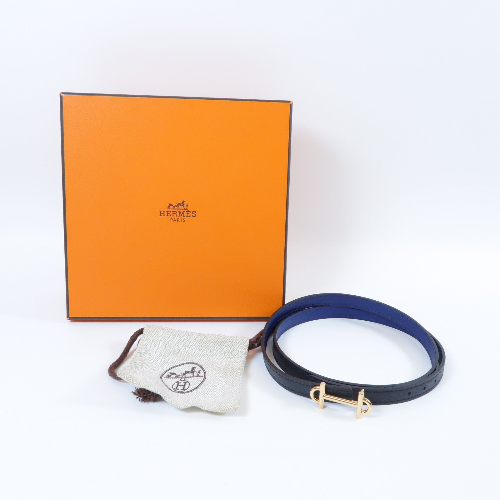 HERMES 【激減優惠】Epsom皮革Belt金扣皮帶Noir黑色/藍色