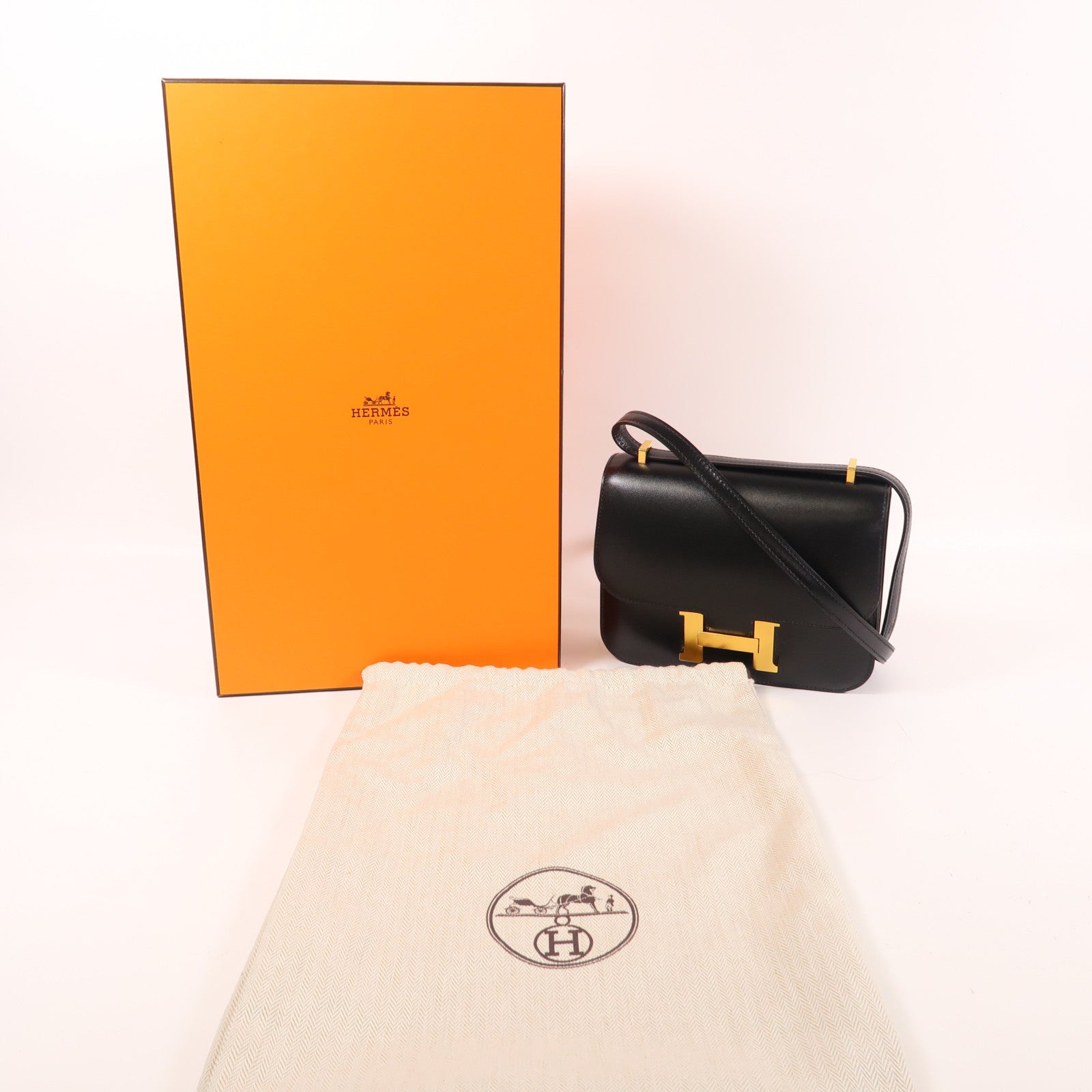 HERMES Box Calf皮革Constance Mini金扣手挽肩背兩用袋Noir
