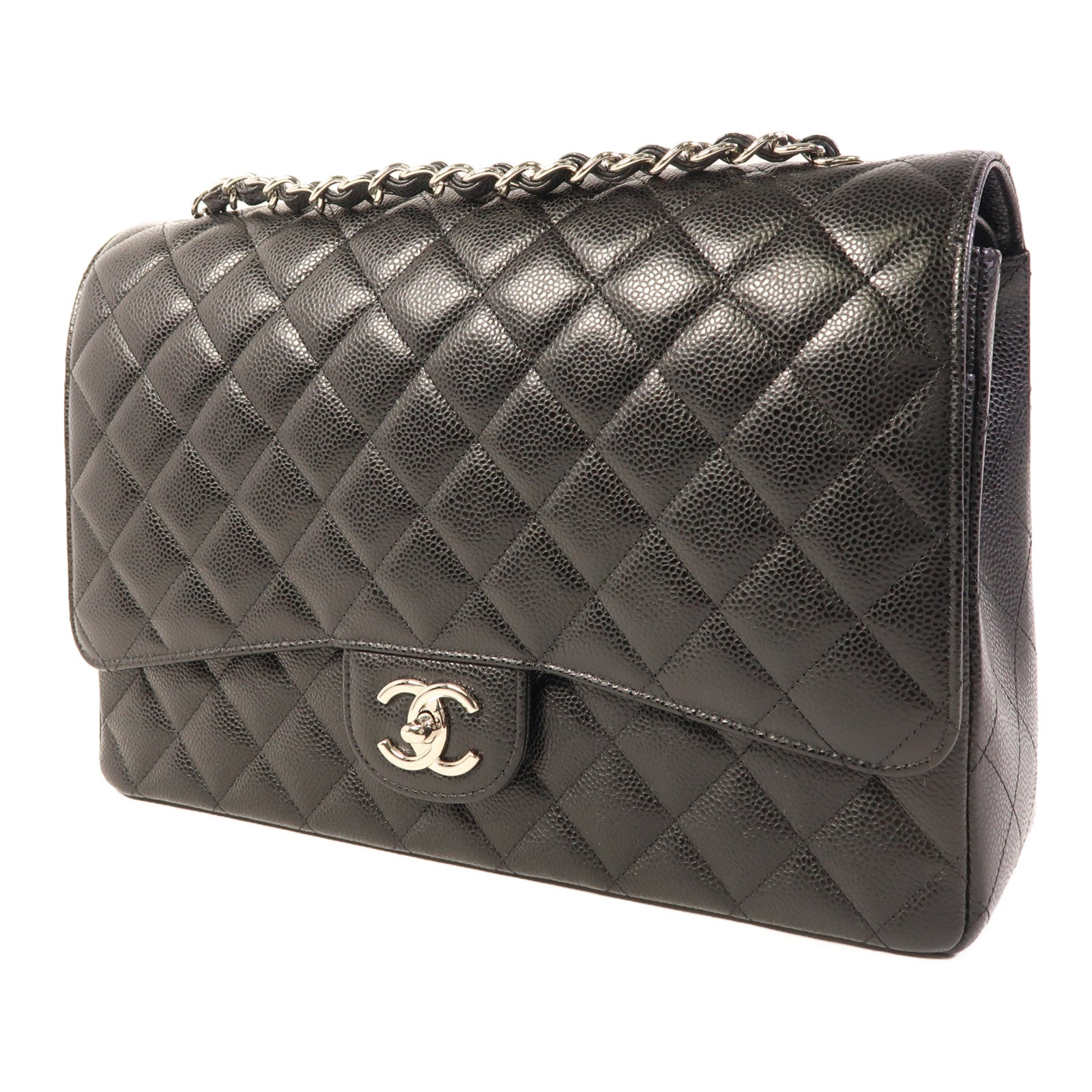 CHANEL 牛皮皮革Maxi Classic銀扣鏈帶肩背袋