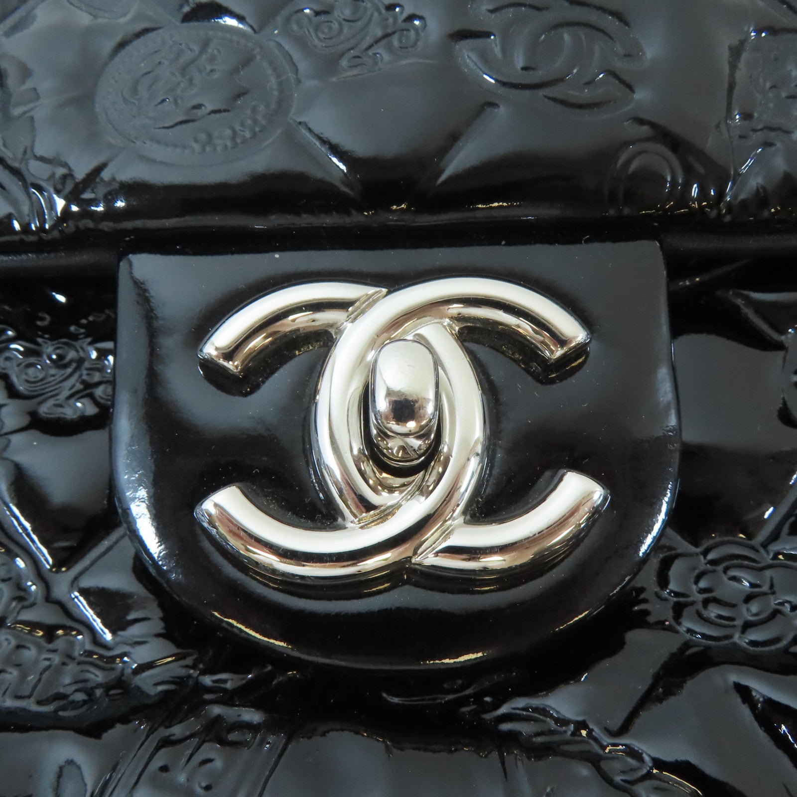 CHANEL 菱格漆皮皮革Chain Shoulder銀扣鏈帶肩背袋黑色