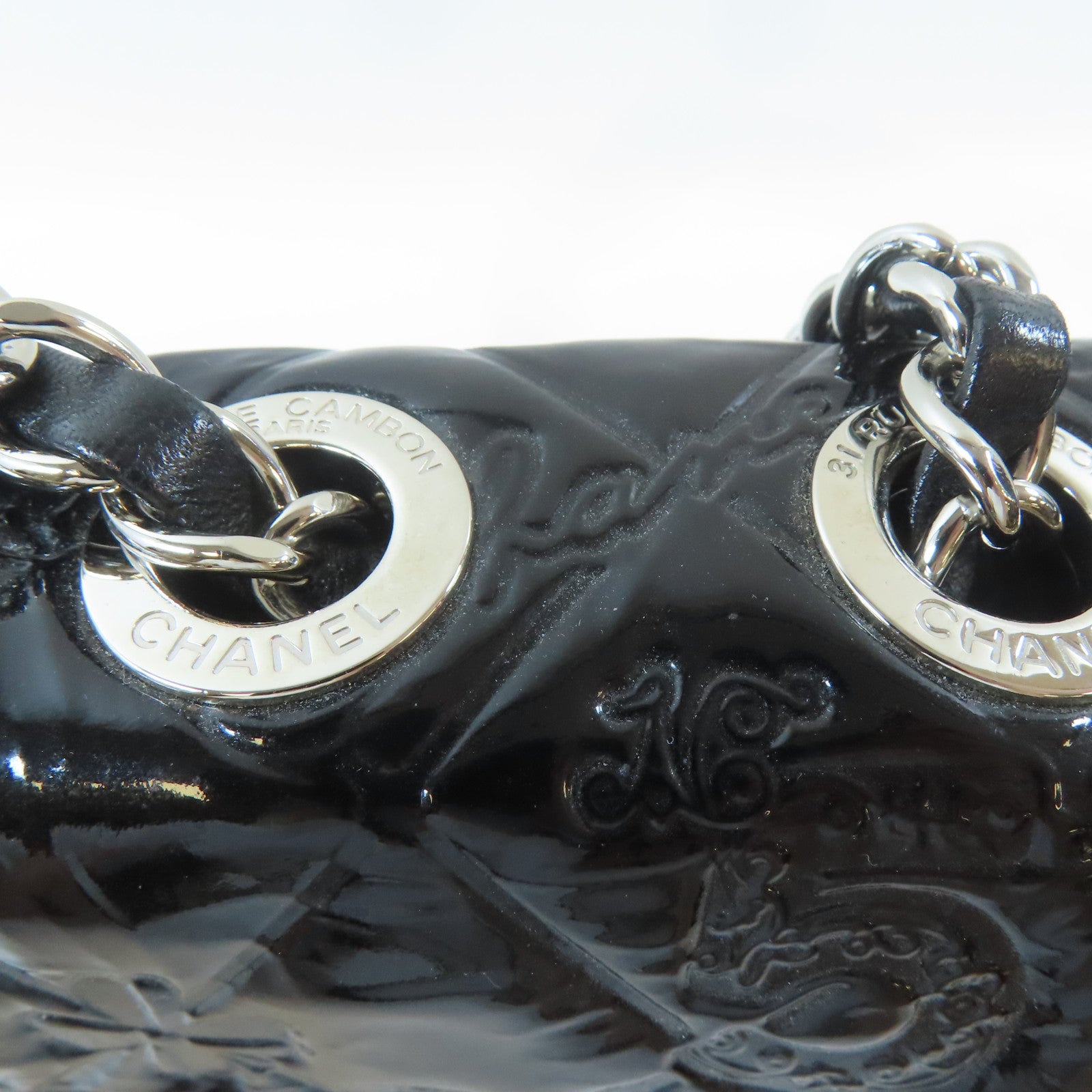 CHANEL 菱格漆皮皮革Chain Shoulder銀扣鏈帶肩背袋黑色
