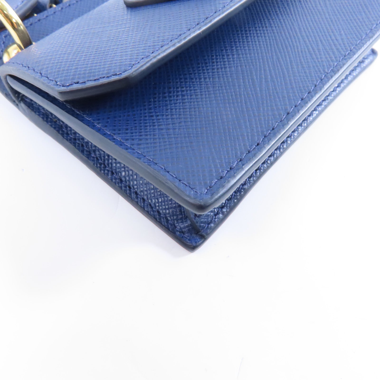 PRADA 【激減優惠】Saffiano皮革Card Case金扣卡片套藍色