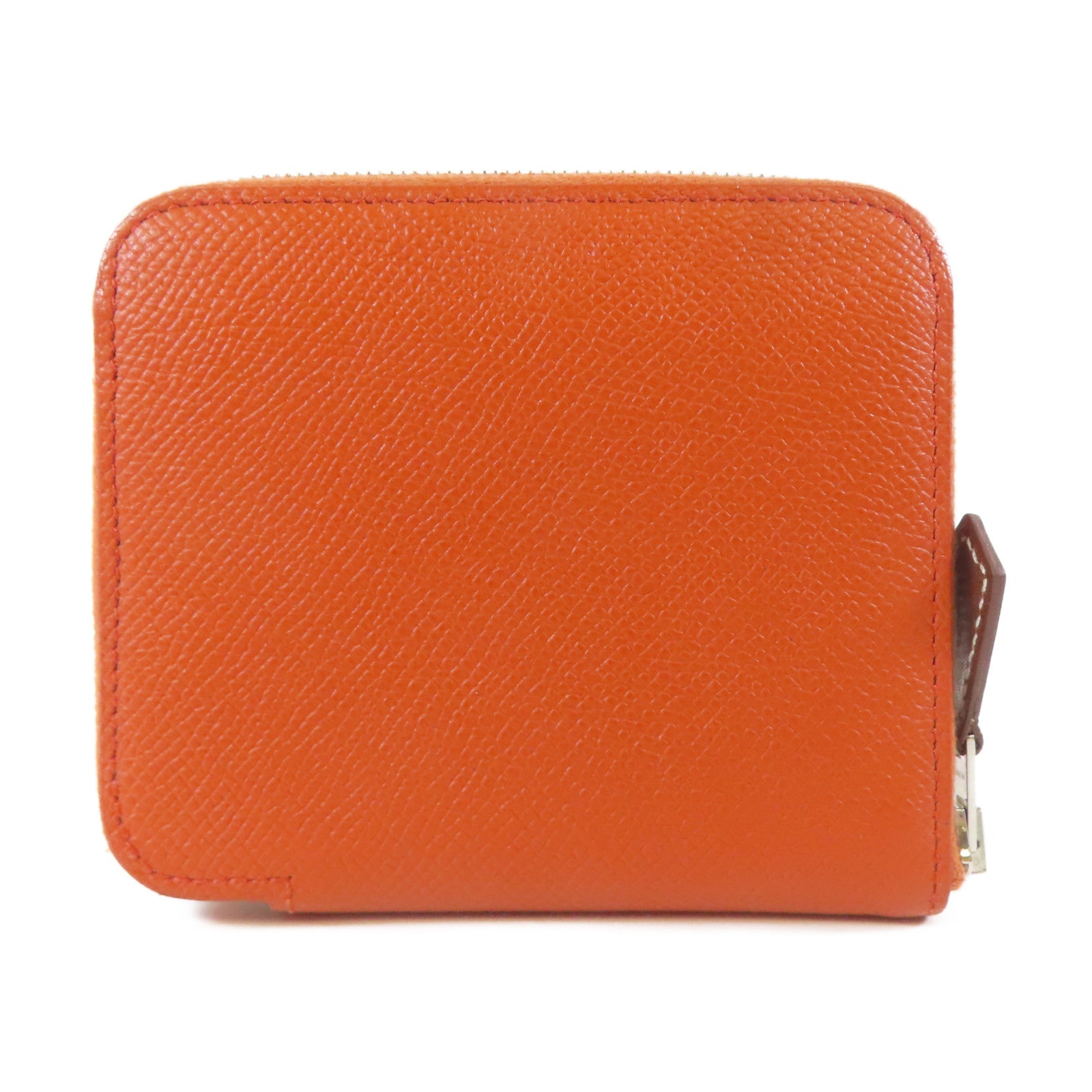 HERMES 【激減優惠】Veau Epsom皮革Silk'In Compact銀扣錢包火焰橘色