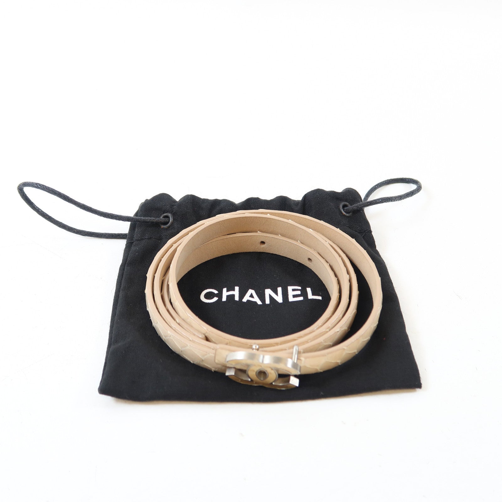 CHANEL 蛇皮皮革Python Belt銀扣皮帶米色