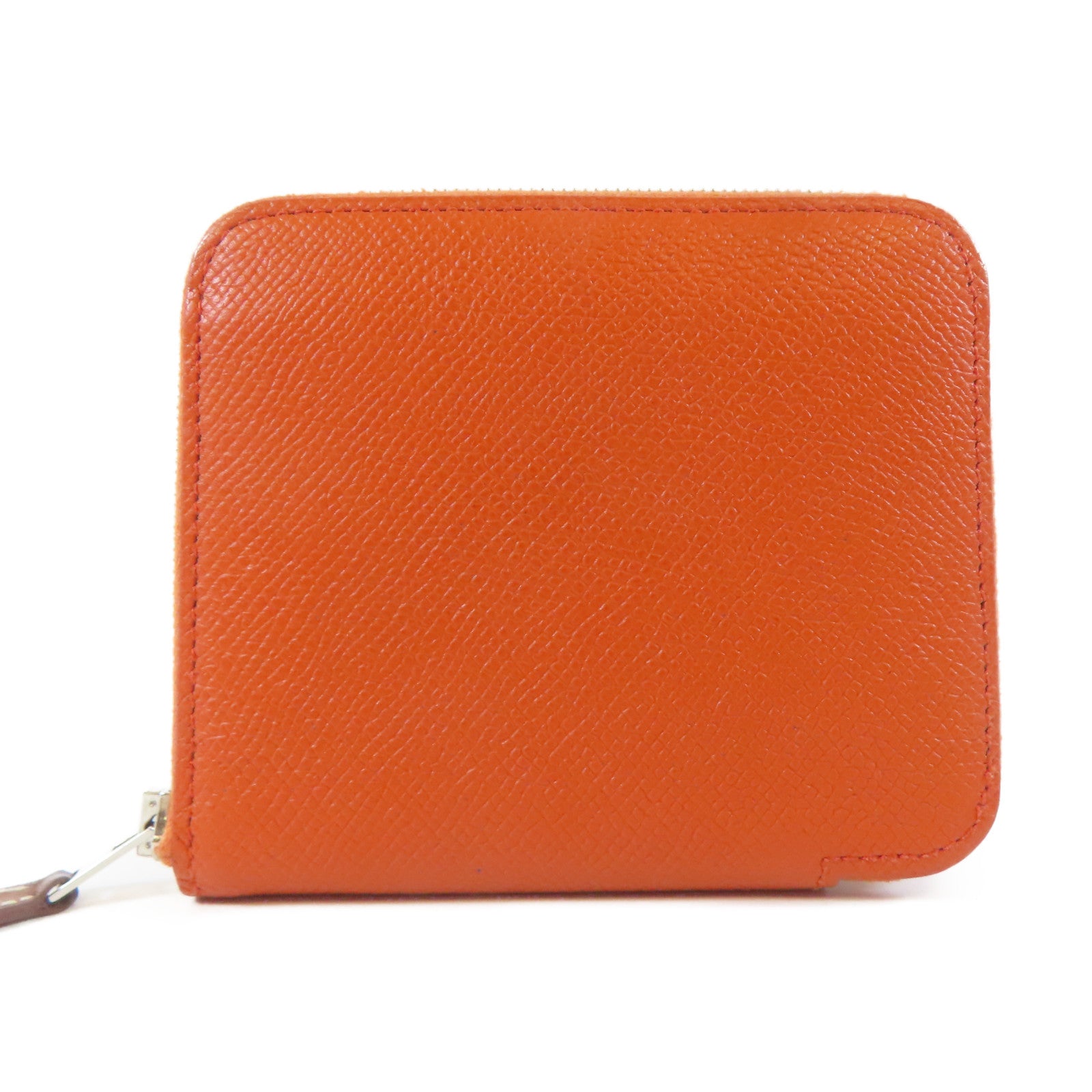 HERMES 【激減優惠】Veau Epsom皮革Silk'In Compact銀扣錢包火焰橘色