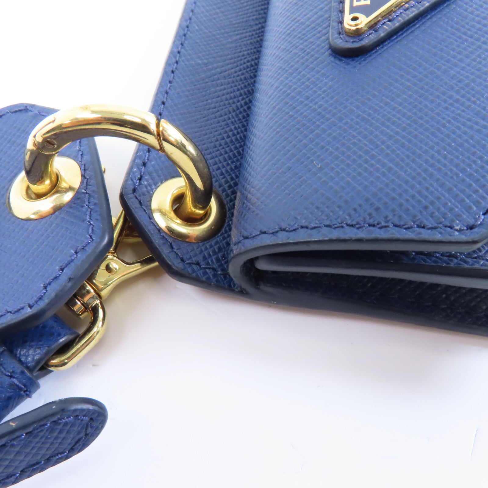 PRADA 【激減優惠】Saffiano皮革Card Case金扣卡片套藍色