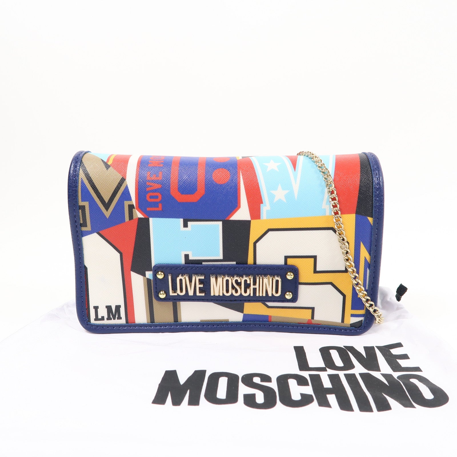 MOSCHINO 塗層帆布Chain Shoulder金扣鏈帶肩背袋彩色