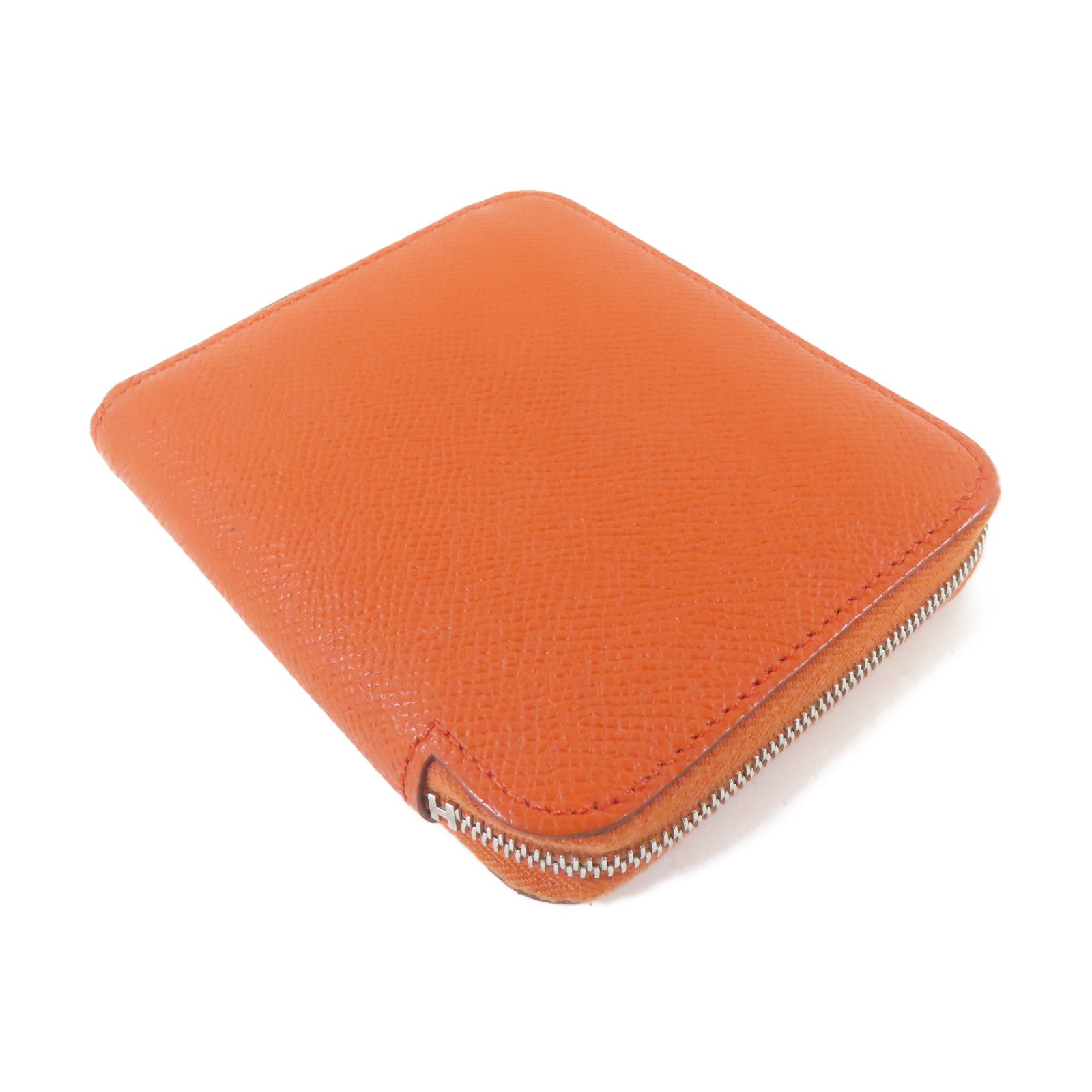 HERMES 【激減優惠】Veau Epsom皮革Silk'In Compact銀扣錢包火焰橘色