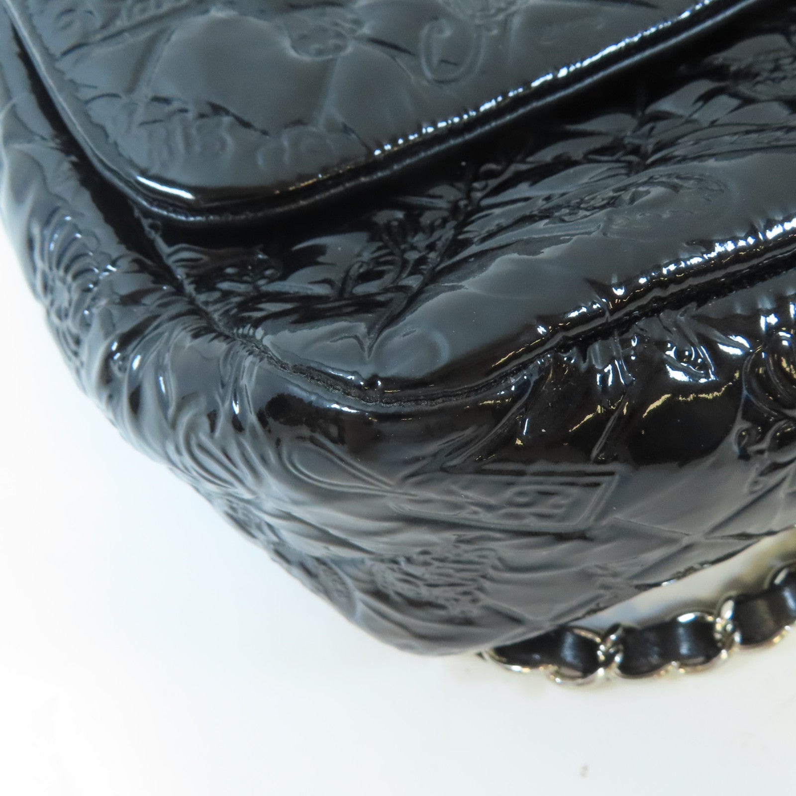 CHANEL 菱格漆皮皮革Chain Shoulder銀扣鏈帶肩背袋黑色
