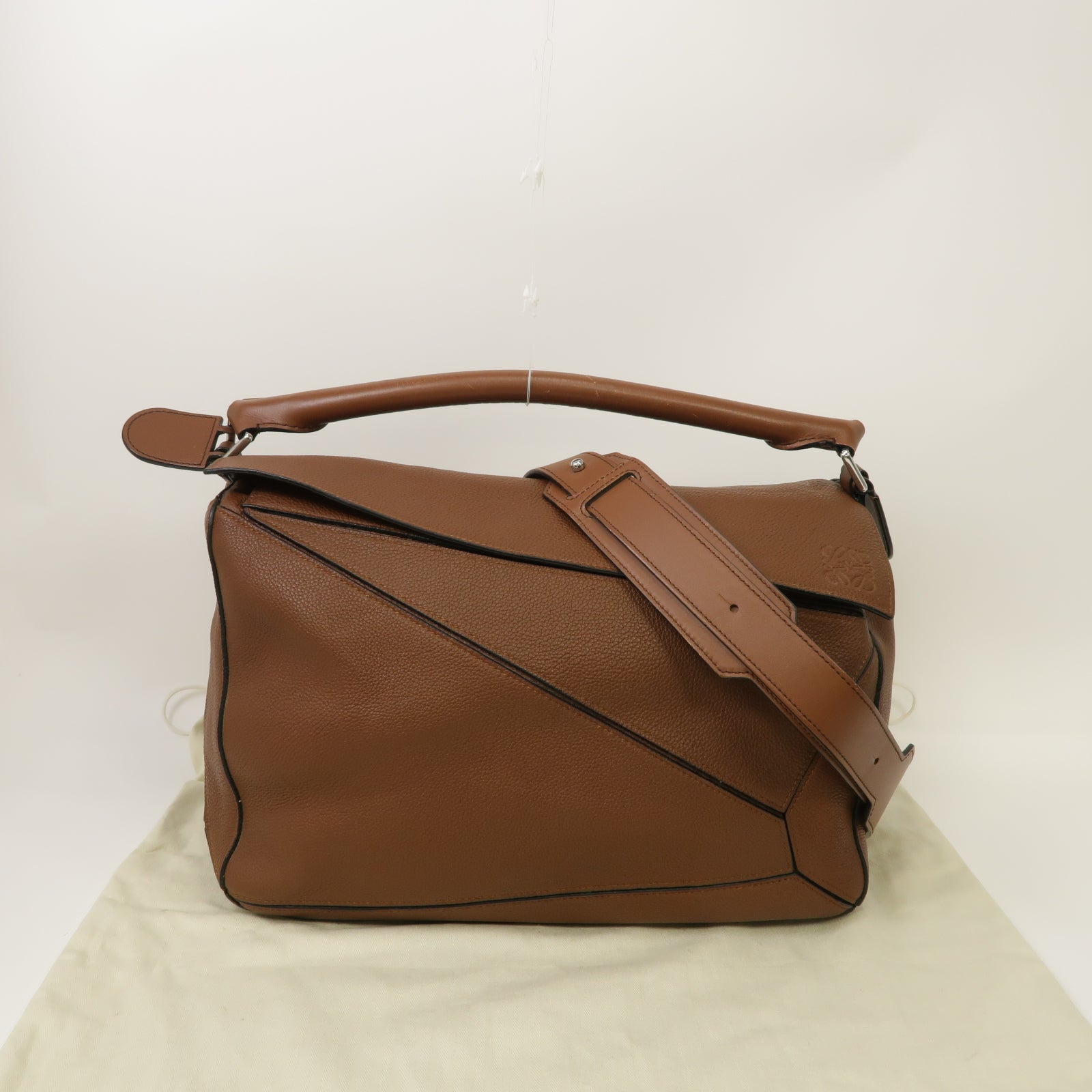 LOEWE 牛皮皮革Puzzle Shoulder Bag銀扣手挽肩背兩用袋啡色