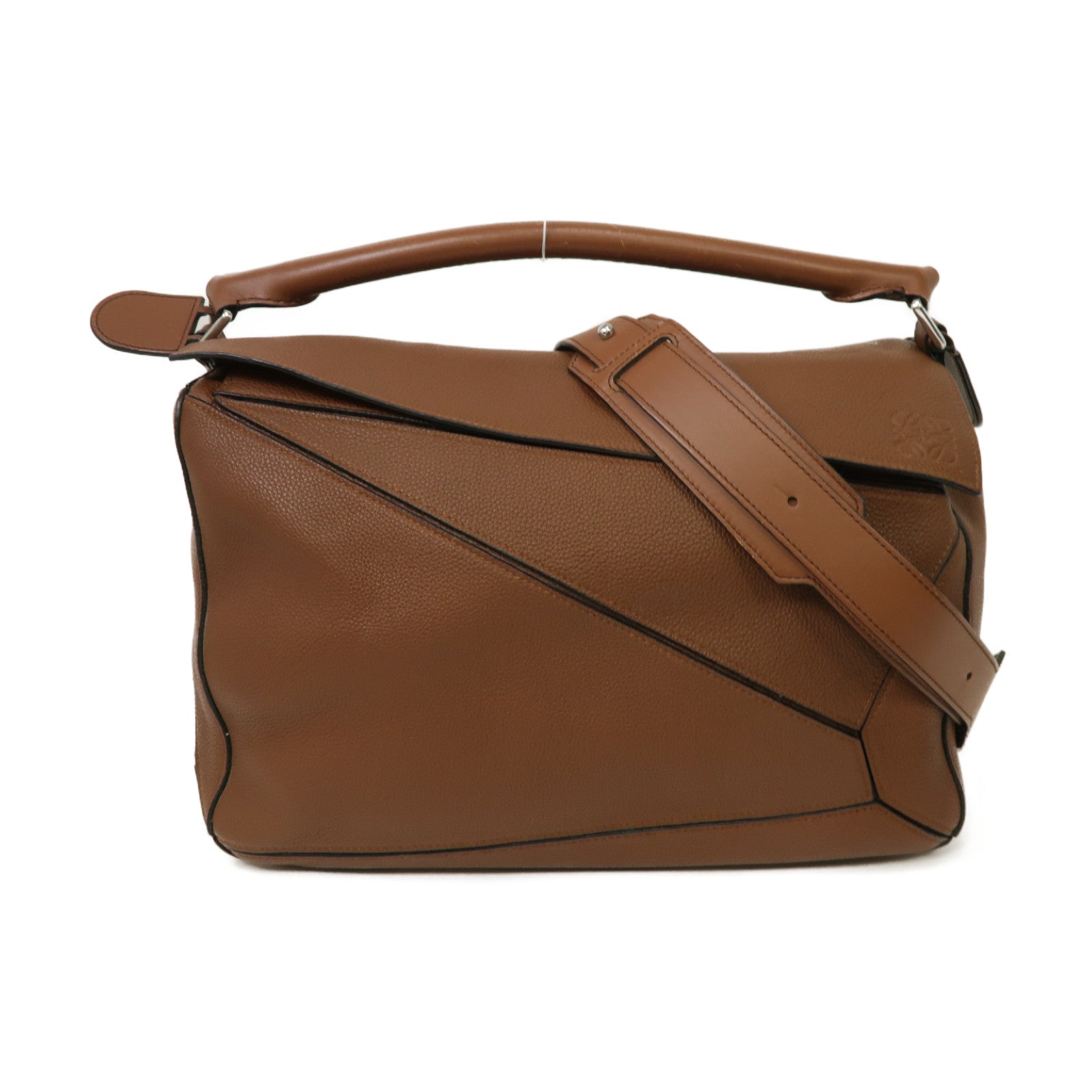 LOEWE 牛皮皮革Puzzle Shoulder Bag銀扣手挽肩背兩用袋啡色