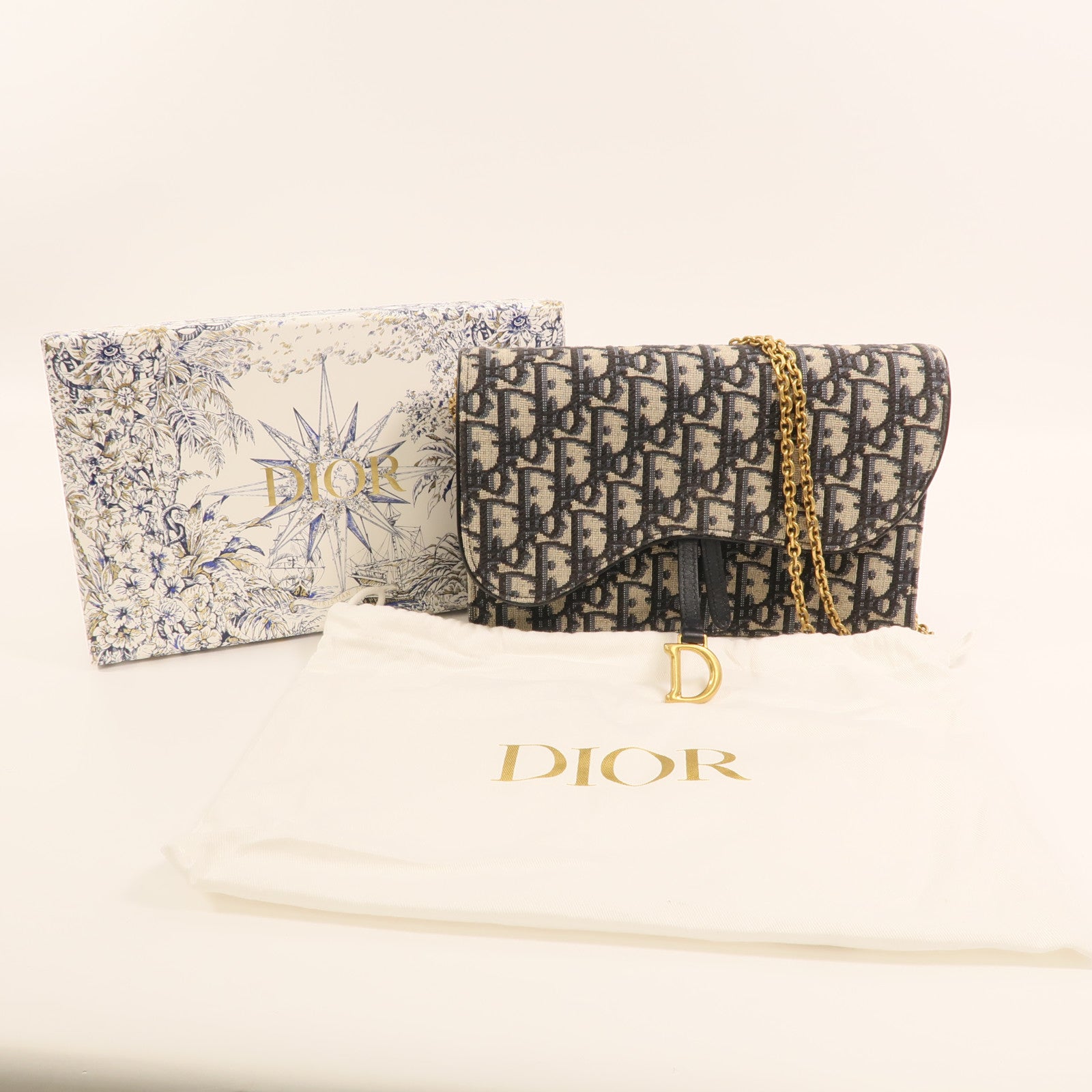 Dior 帆布Oblique Jacquard Saddle Chain Shoulder金扣鏈帶肩背袋