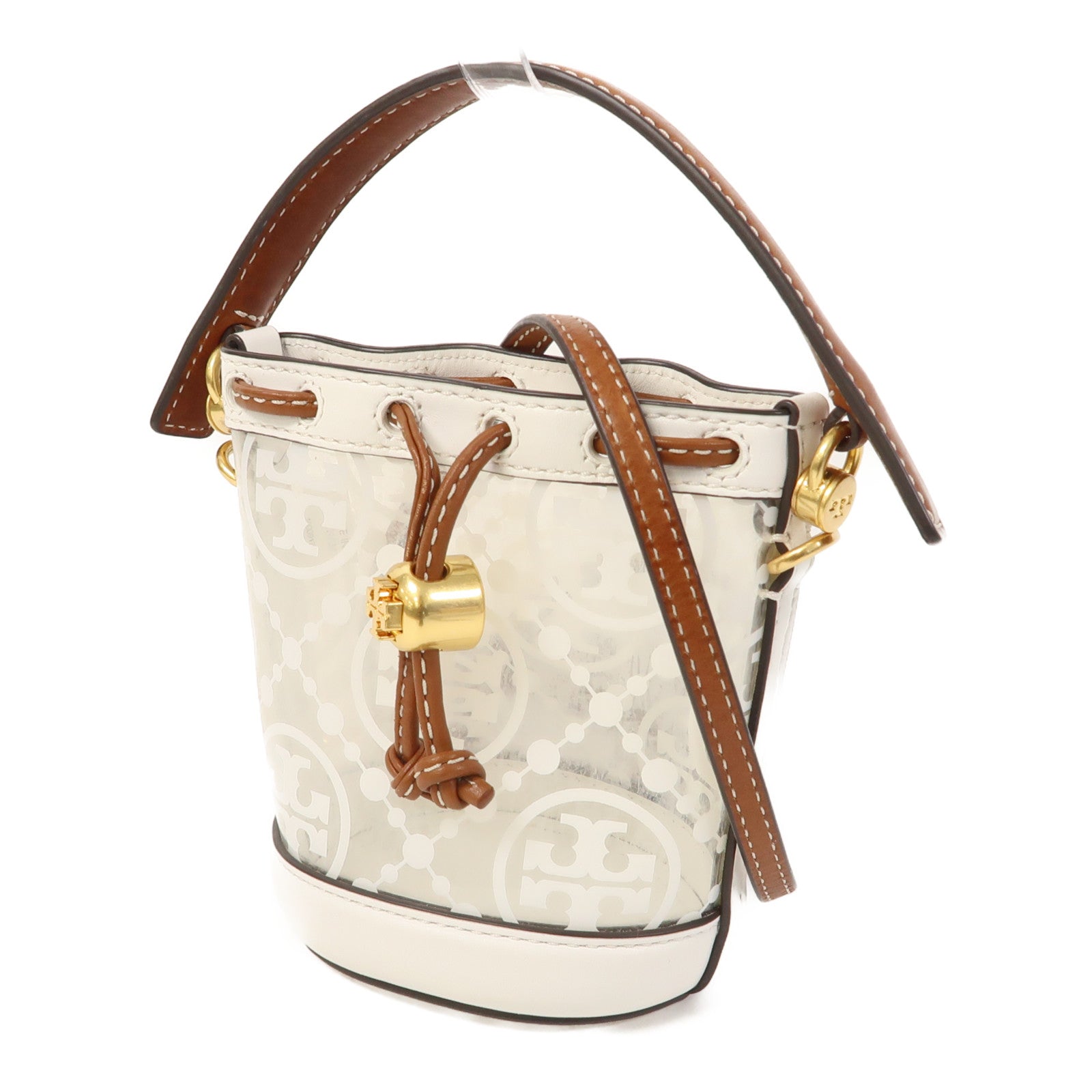 Tory Burch PVC/牛皮皮革Mini Bucket Bag金扣手挽肩背兩用袋啡色/白色