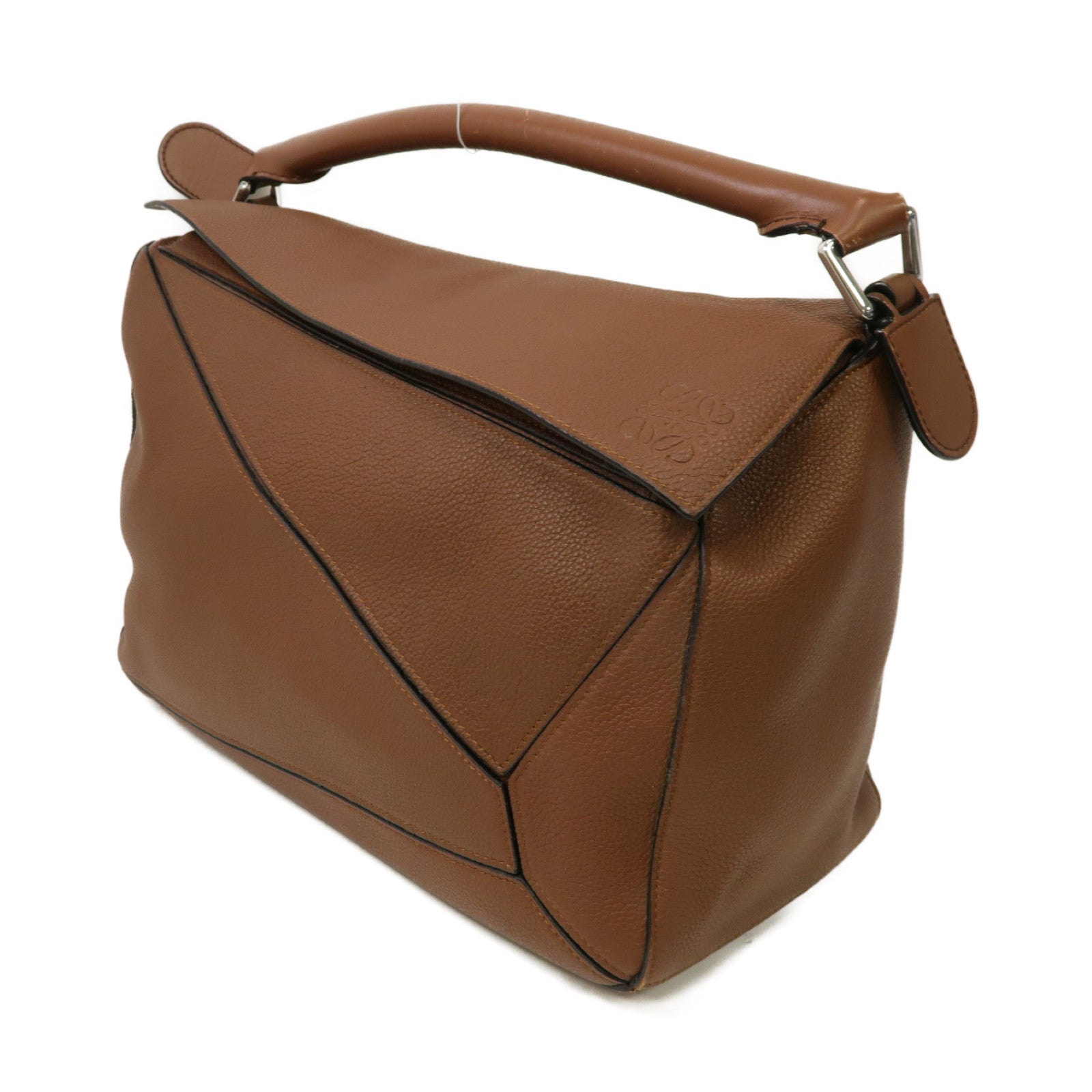 LOEWE 牛皮皮革Puzzle Shoulder Bag銀扣手挽肩背兩用袋啡色
