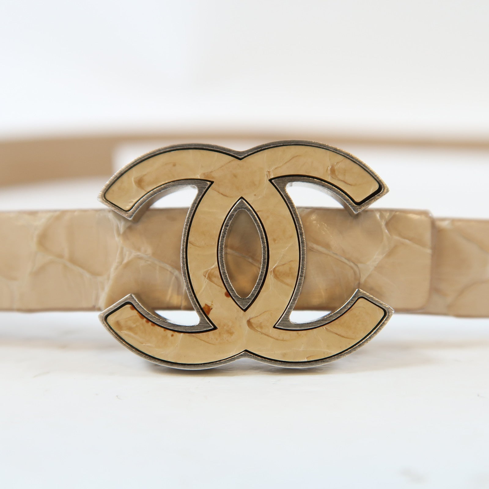 CHANEL 蛇皮皮革Python Belt銀扣皮帶米色