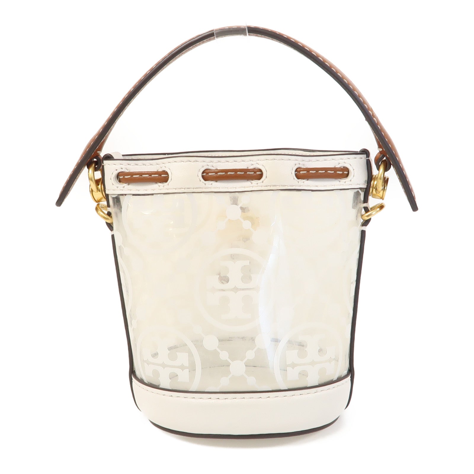 Tory Burch PVC/牛皮皮革Mini Bucket Bag金扣手挽肩背兩用袋啡色/白色