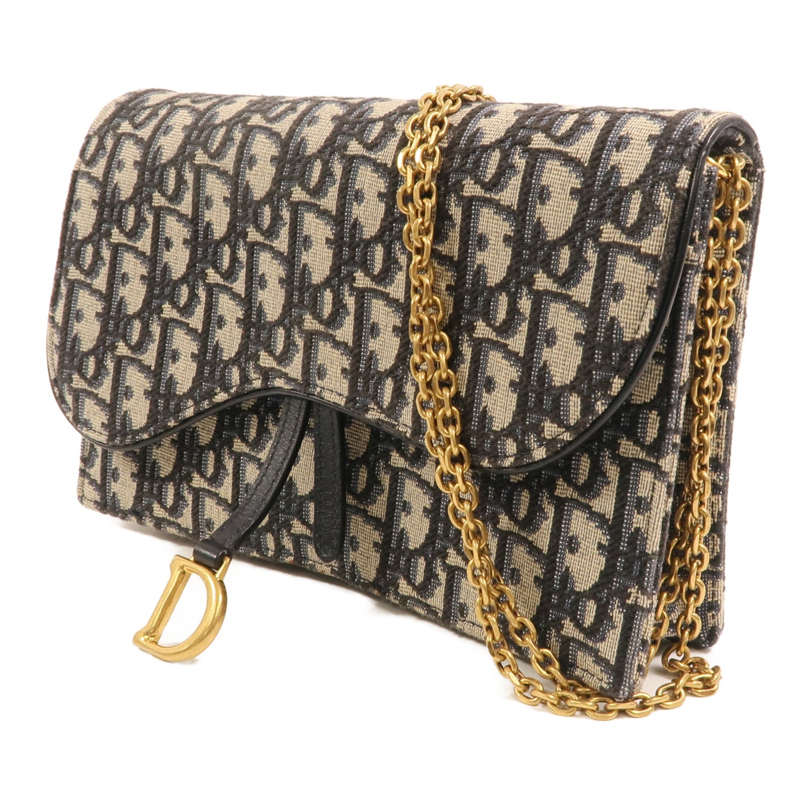 Dior 帆布Oblique Jacquard Saddle Chain Shoulder金扣鏈帶肩背袋