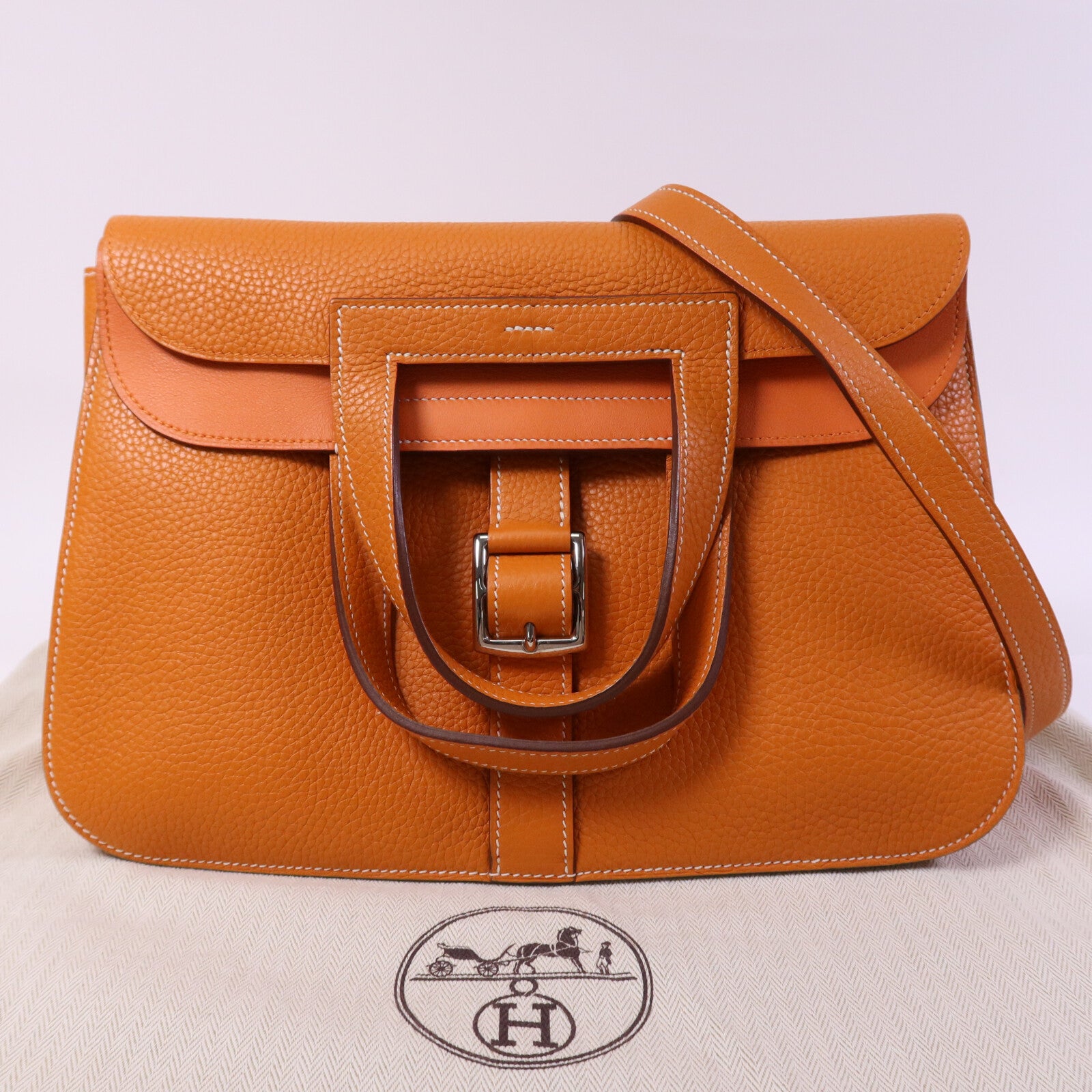 HERMES Clemence皮革Halzan 31銀扣手挽肩背兩用袋Orange