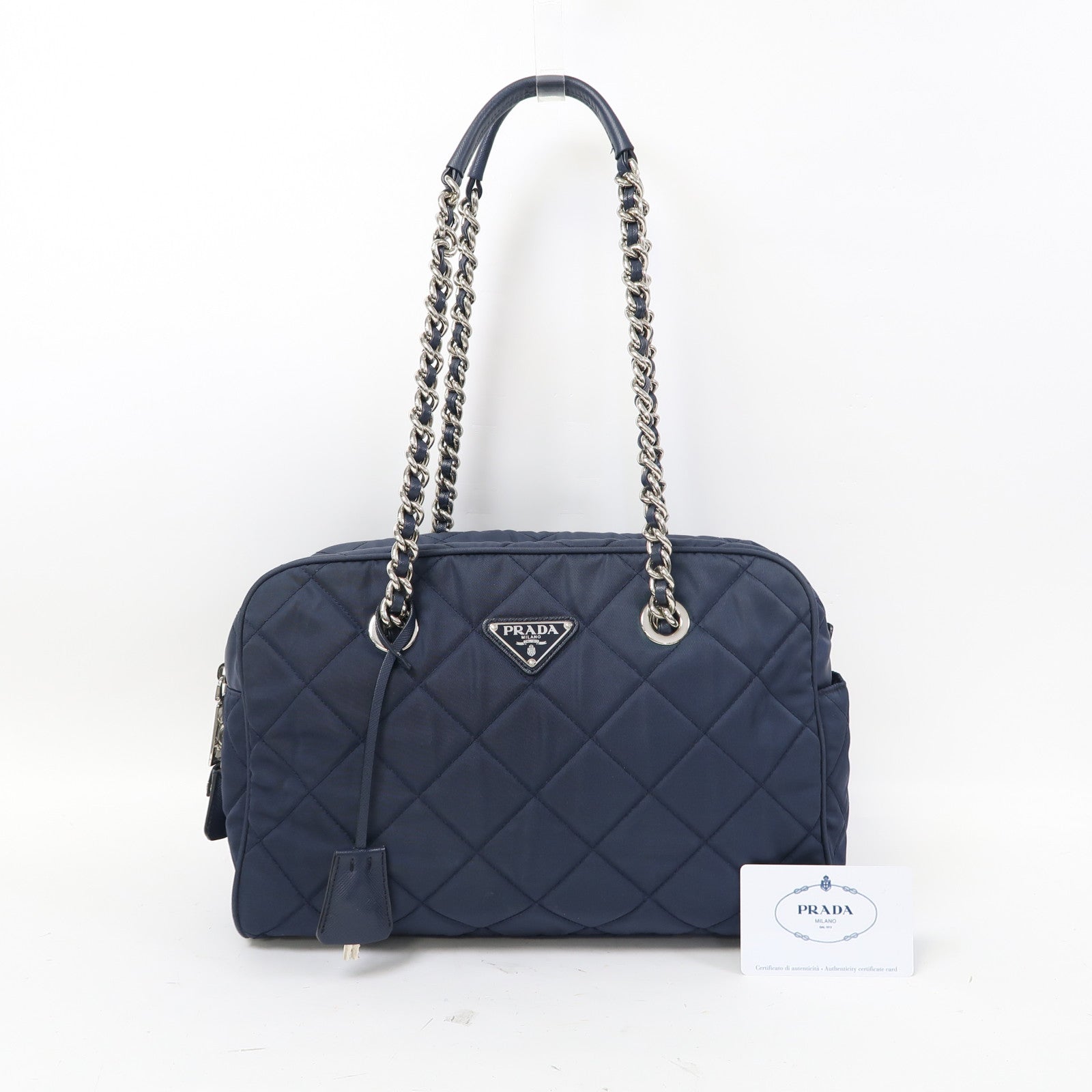 PRADA 尼龍Shoulder Bag銀扣鏈帶肩背袋藍色