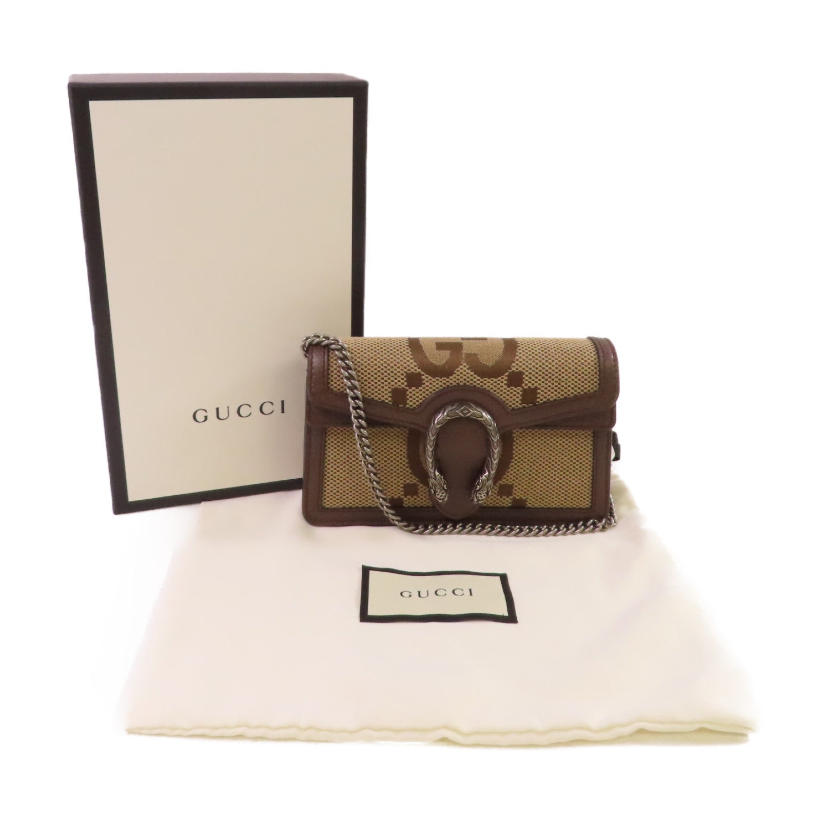 GUCCI 帆布GG Supreme Diongsus Chain Shoulder Bag金扣鏈帶肩背袋啡色