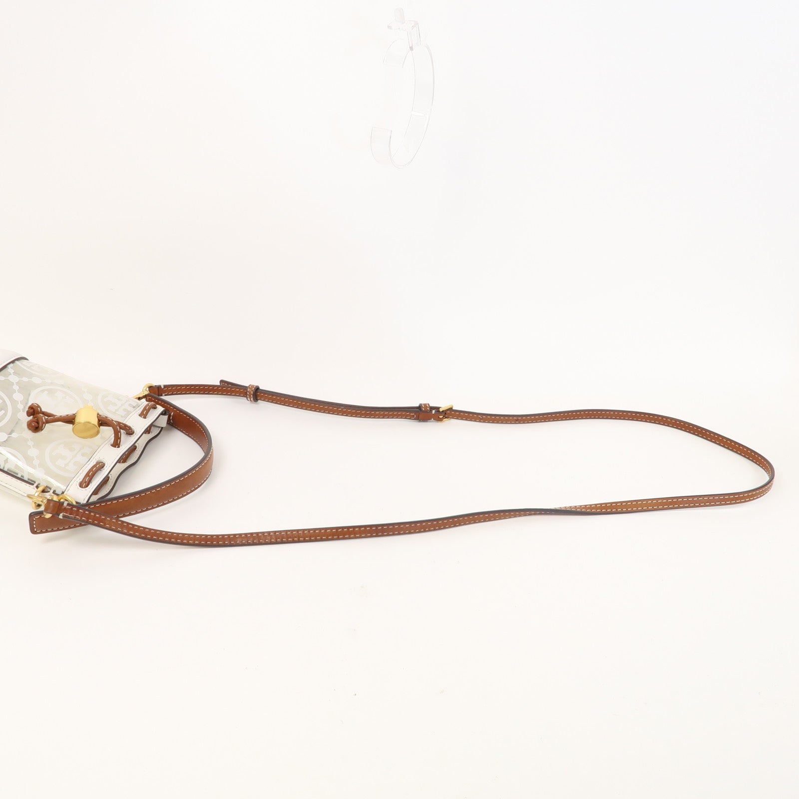 Tory Burch PVC/牛皮皮革Mini Bucket Bag金扣手挽肩背兩用袋啡色/白色