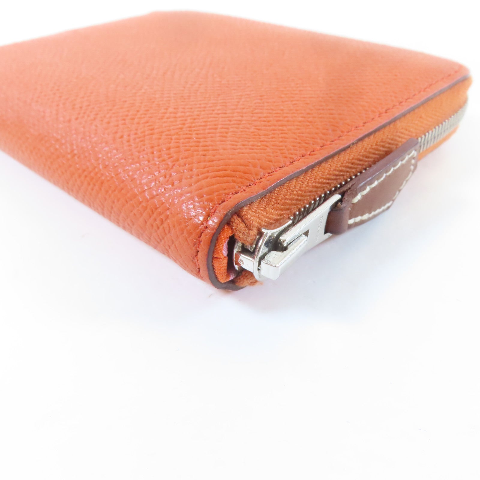 HERMES 【激減優惠】Veau Epsom皮革Silk'In Compact銀扣錢包火焰橘色