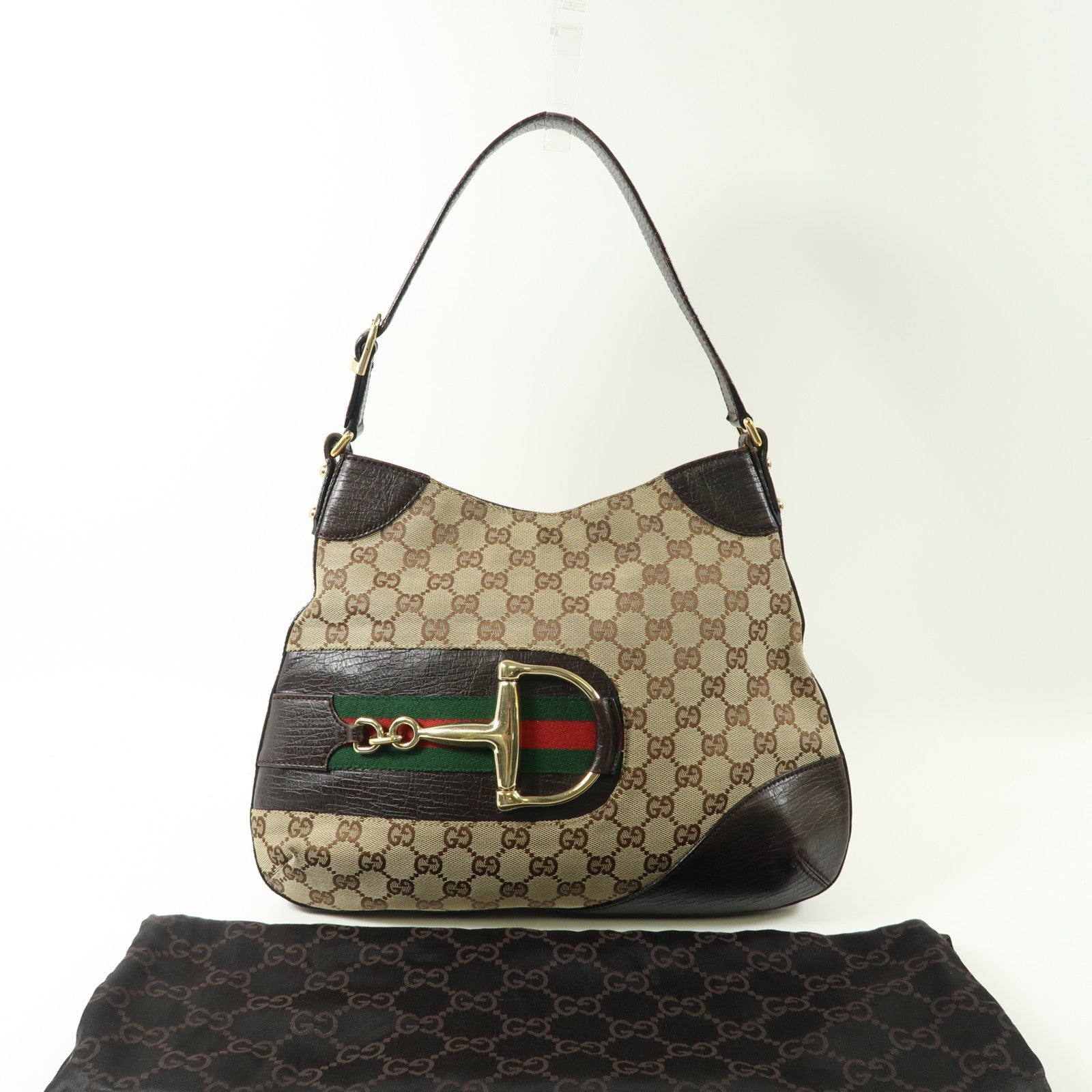 GUCCI 帆布Horsebit Bag金扣肩背袋啡色