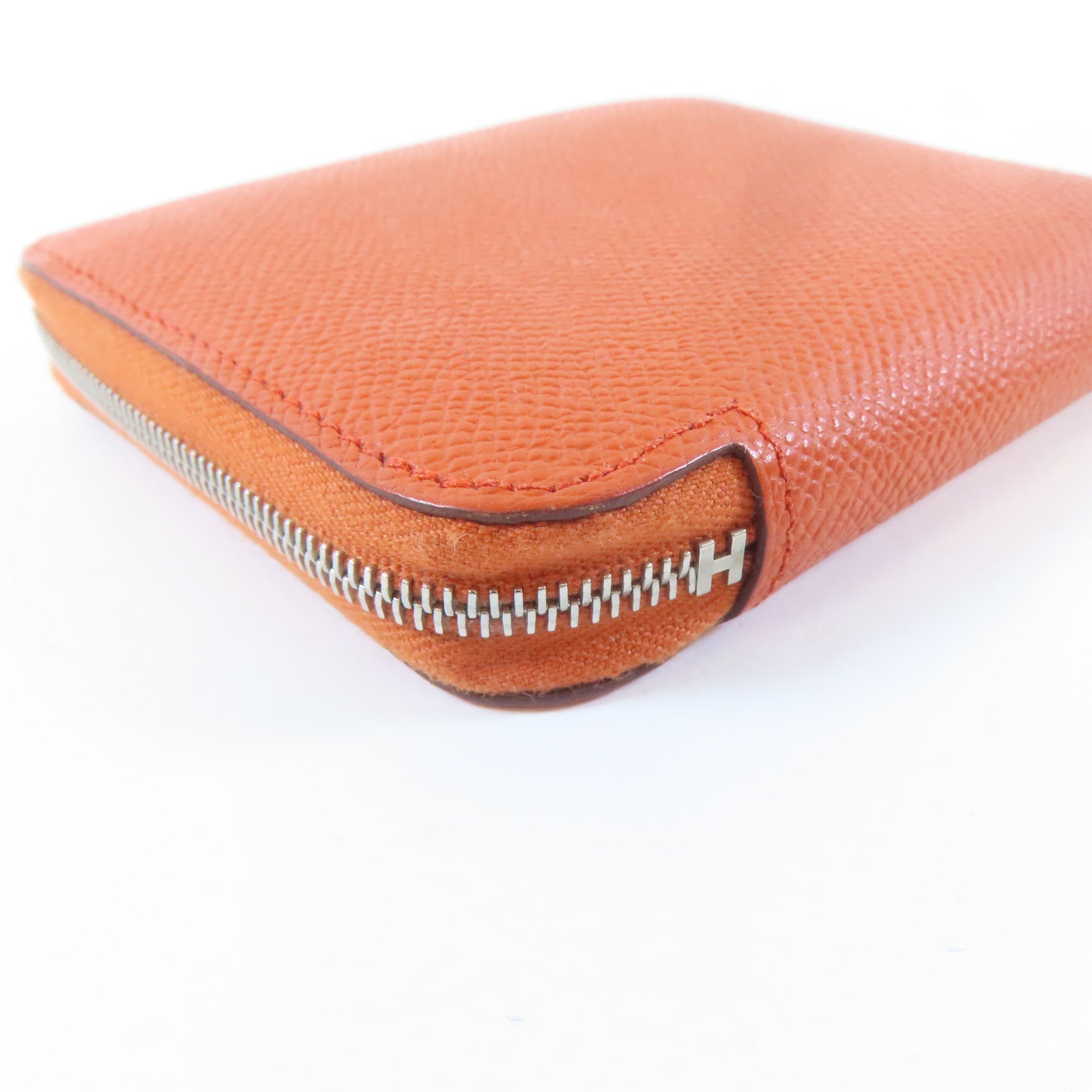 HERMES 【激減優惠】Veau Epsom皮革Silk'In Compact銀扣錢包火焰橘色