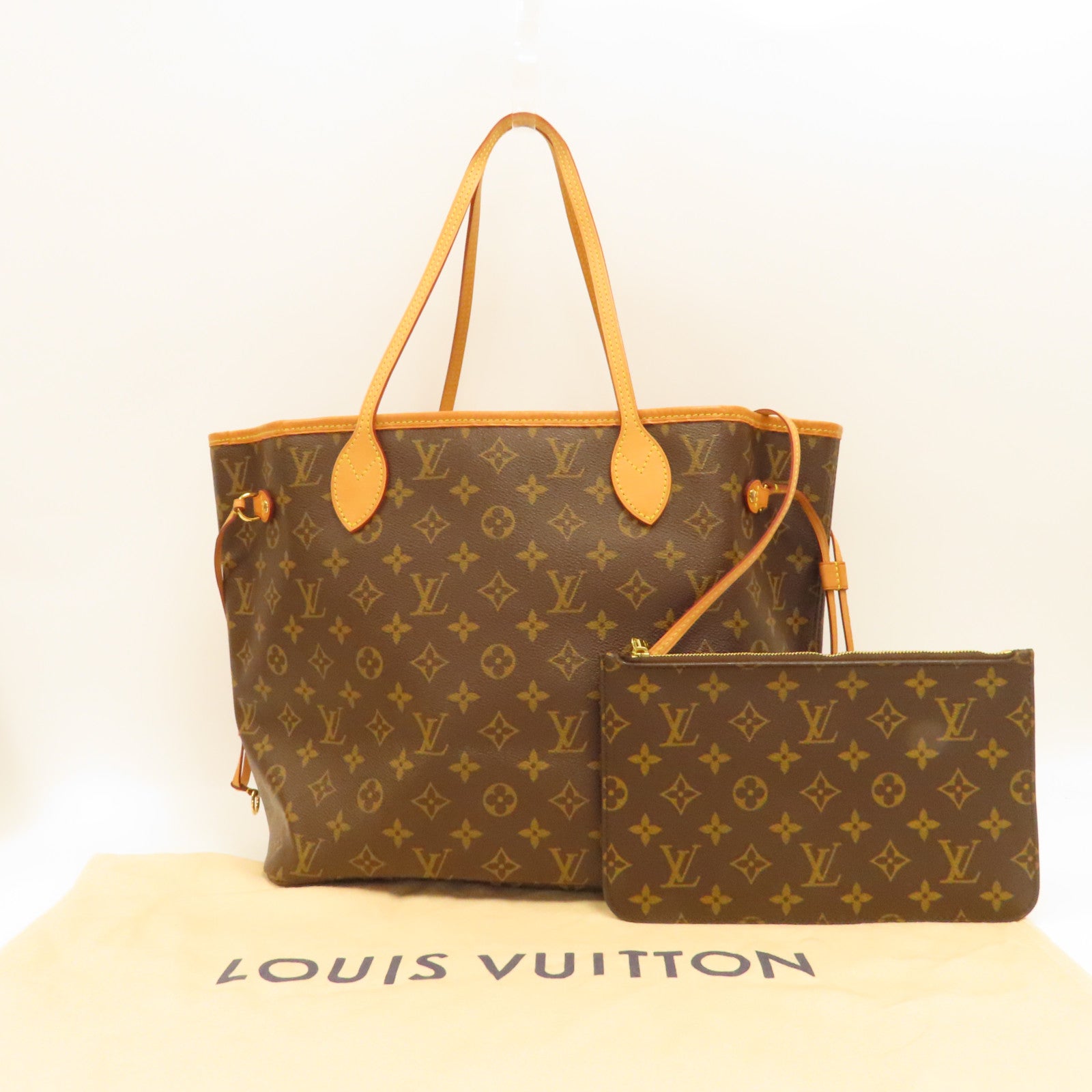 LOUIS VUITTON Monogram Neverfull MM金扣手挽袋啡色