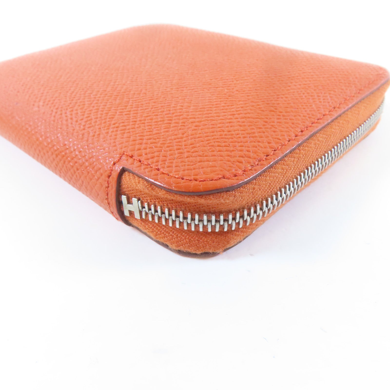 HERMES 【激減優惠】Veau Epsom皮革Silk'In Compact銀扣錢包火焰橘色