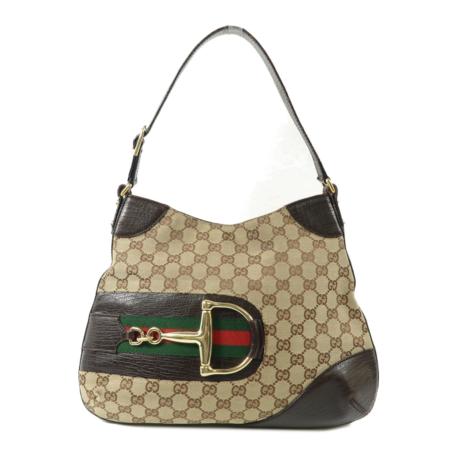 GUCCI 帆布Horsebit Bag金扣肩背袋啡色