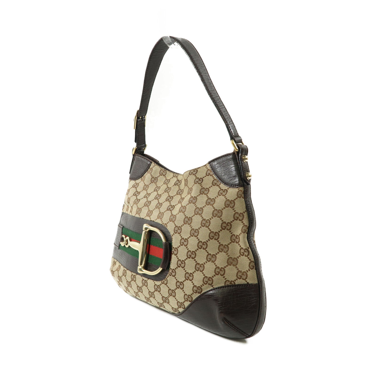 GUCCI 帆布Horsebit Bag金扣肩背袋啡色