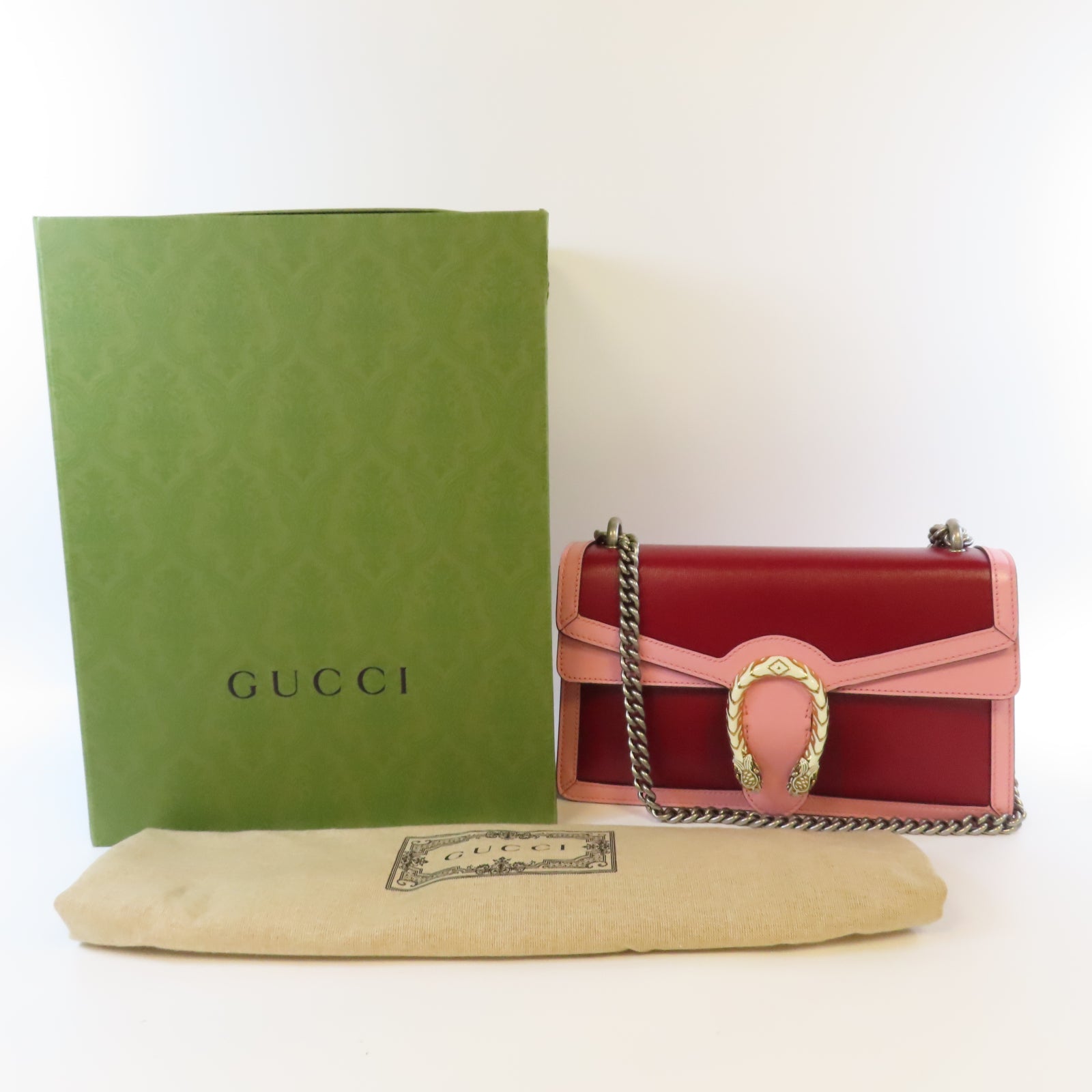 GUCCI 【激減優惠】牛皮皮革Dionysus銀扣/金扣鏈帶肩背袋粉紅色/紅色