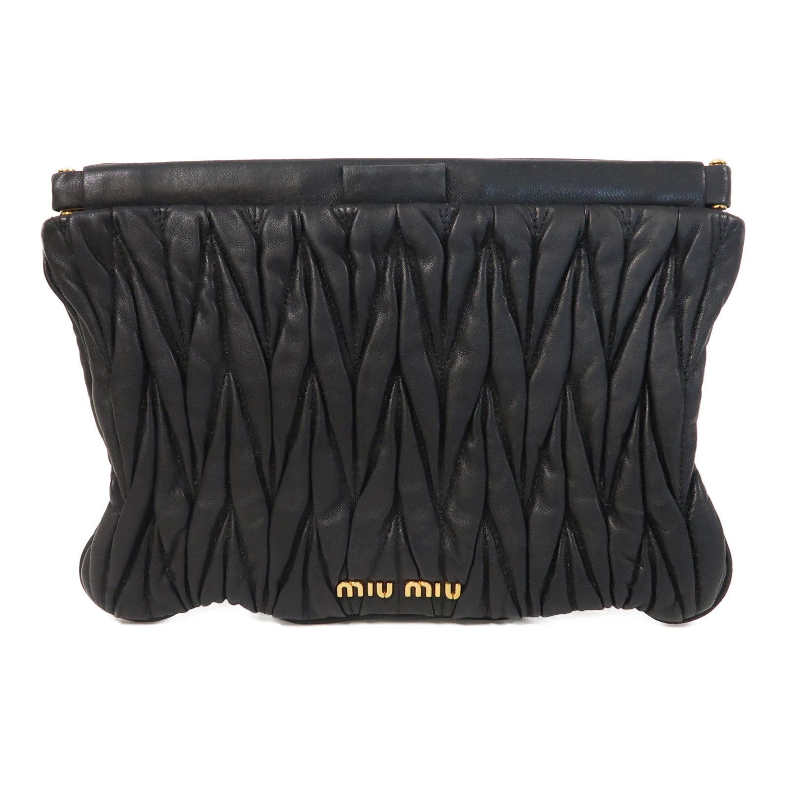 Miu Miu 【激減優惠】牛皮皮革Pouch金扣手拿包黑色